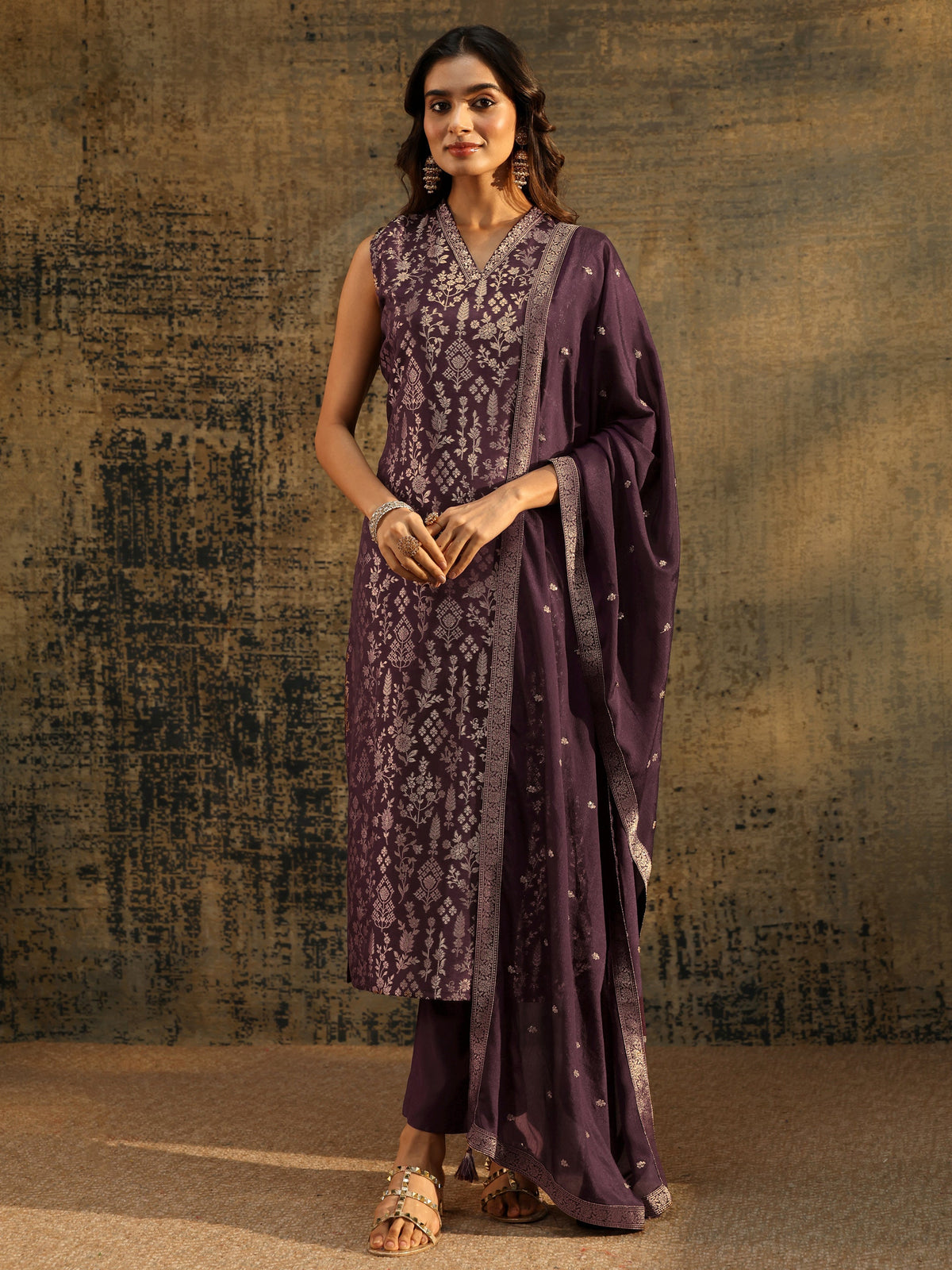 Anouk Burgundy Floral Woven Design Silk blend Straight Suit Set