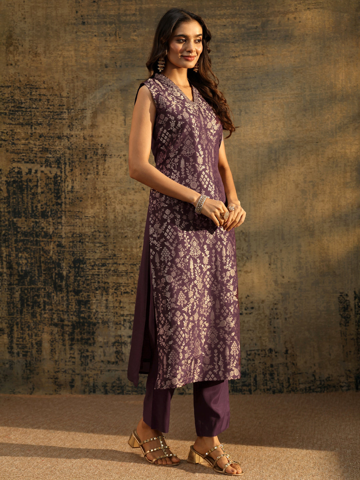Anouk Burgundy Floral Woven Design Silk blend Straight Suit Set