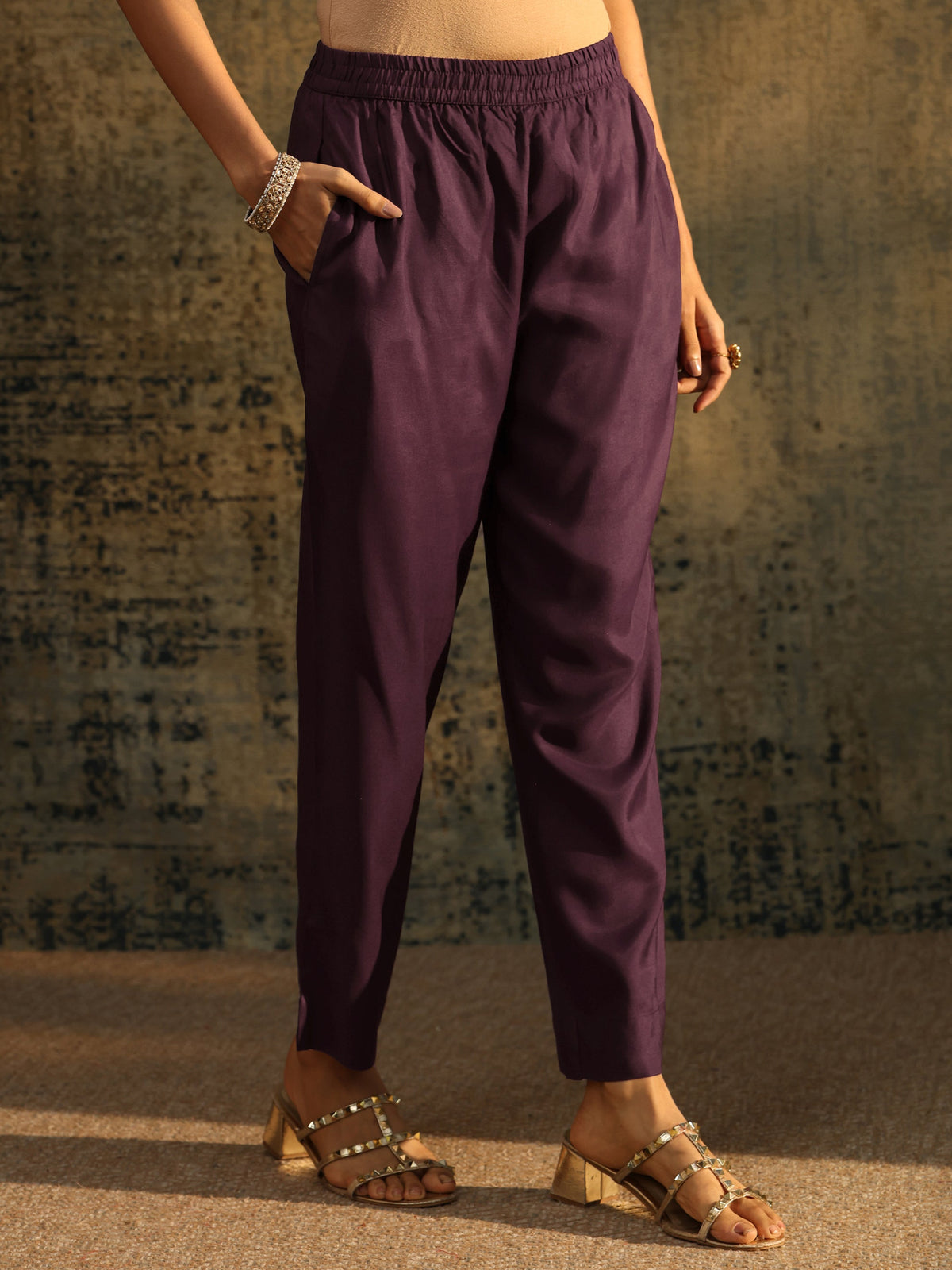 Anouk Burgundy Floral Woven Design Silk blend Straight Suit Set