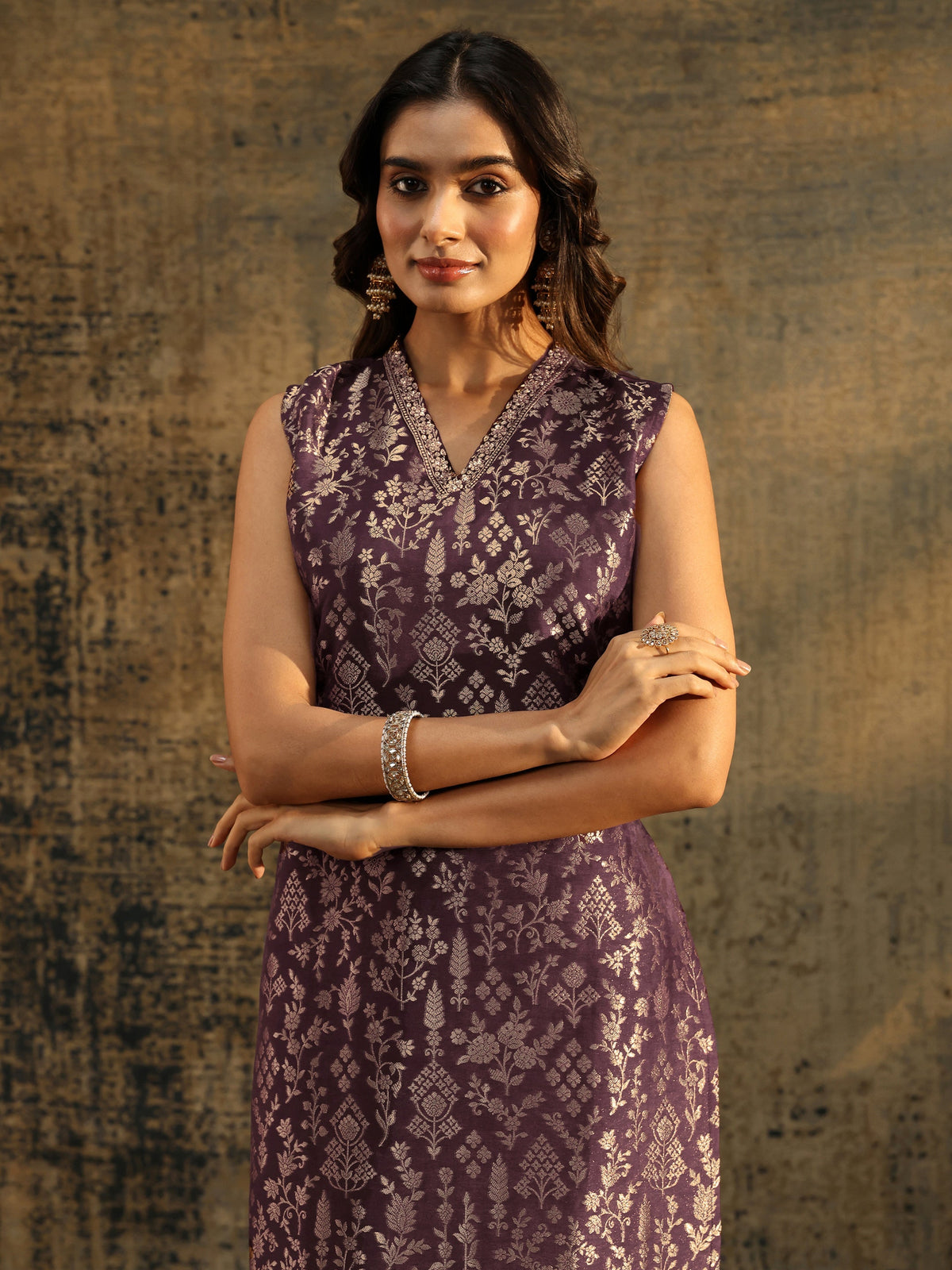 Anouk Burgundy Floral Woven Design Silk blend Straight Suit Set