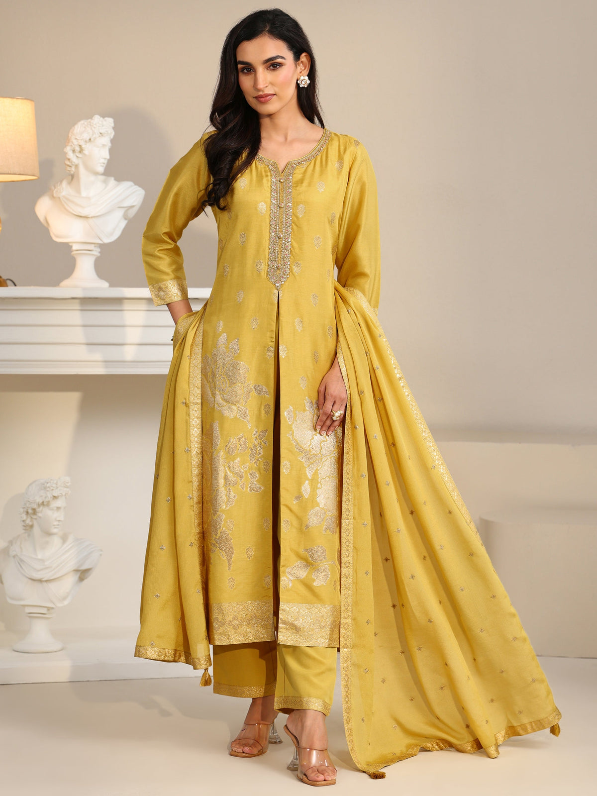 Anouk Yellow Woven Design Front Slit Silk Blend Straight Suit Set