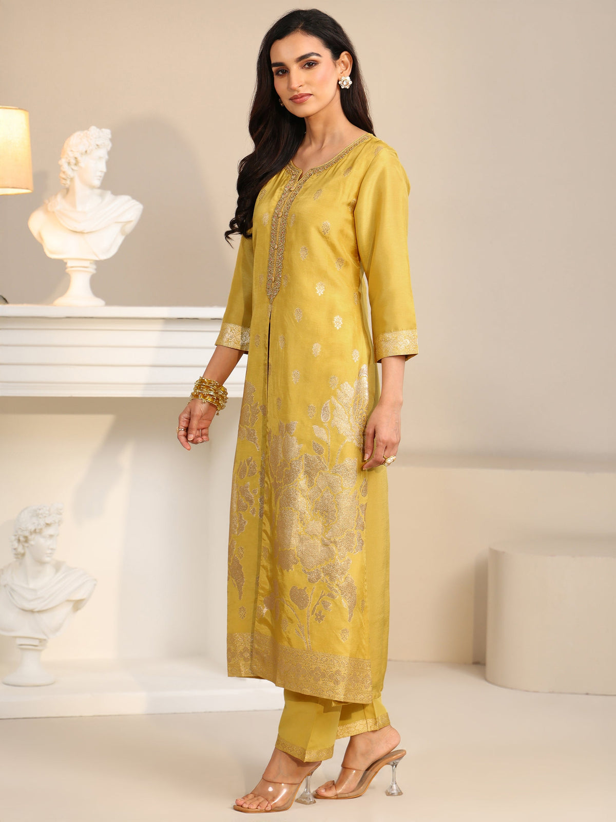 Anouk Yellow Woven Design Front Slit Silk Blend Straight Suit Set