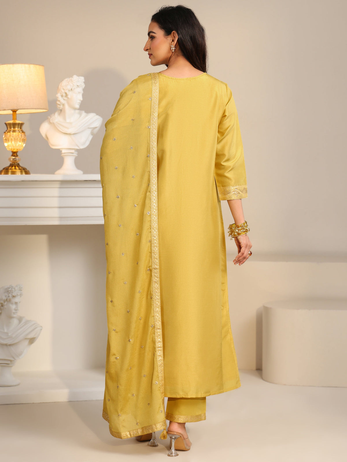 Anouk Yellow Woven Design Front Slit Silk Blend Straight Suit Set