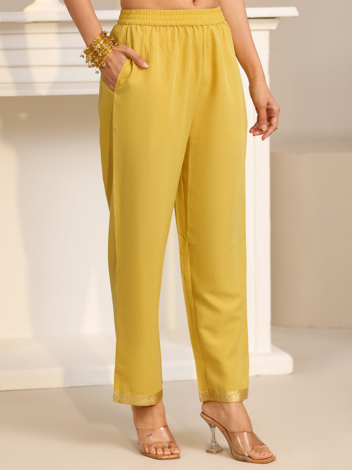 Anouk Yellow Woven Design Front Slit Silk Blend Straight Suit Set