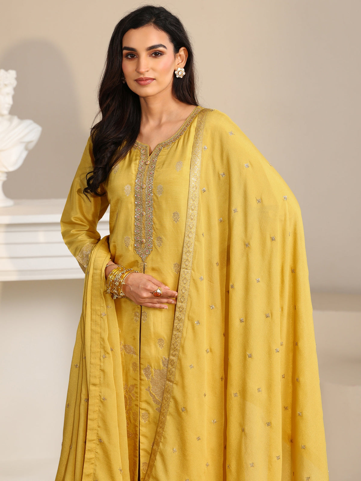 Anouk Yellow Woven Design Front Slit Silk Blend Straight Suit Set
