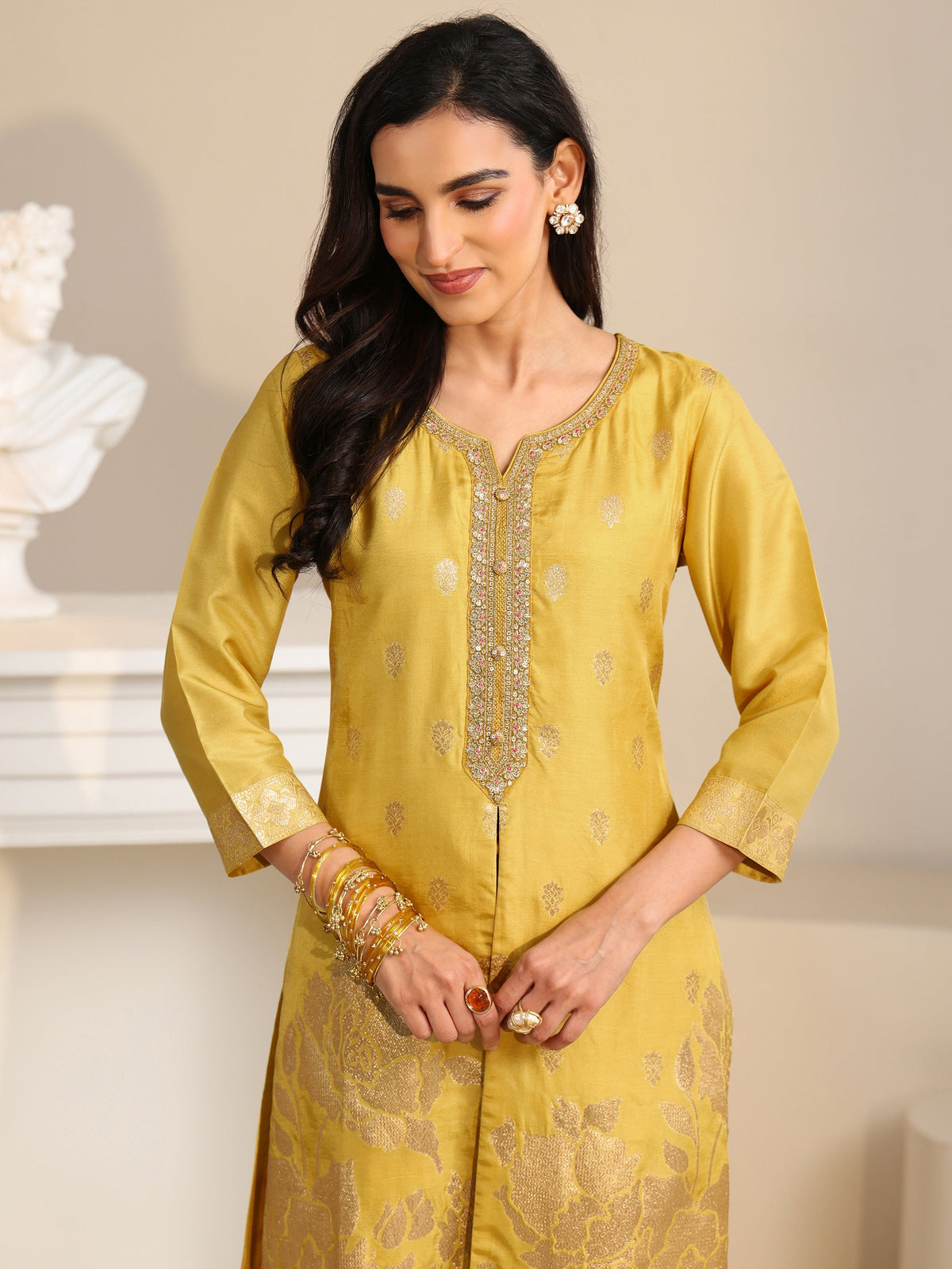 Anouk Yellow Woven Design Front Slit Silk Blend Straight Suit Set