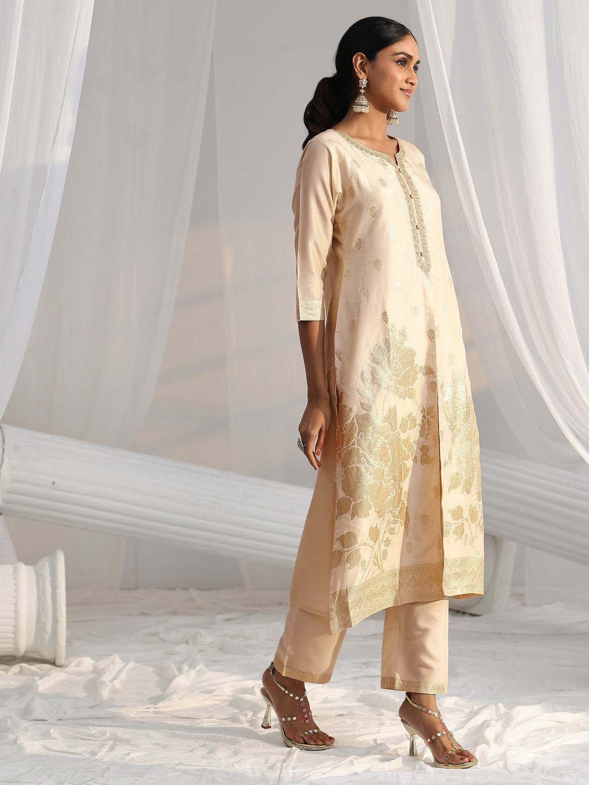 Anouk Cream Woven Design Front Slit Silk Blend Straight Suit Set