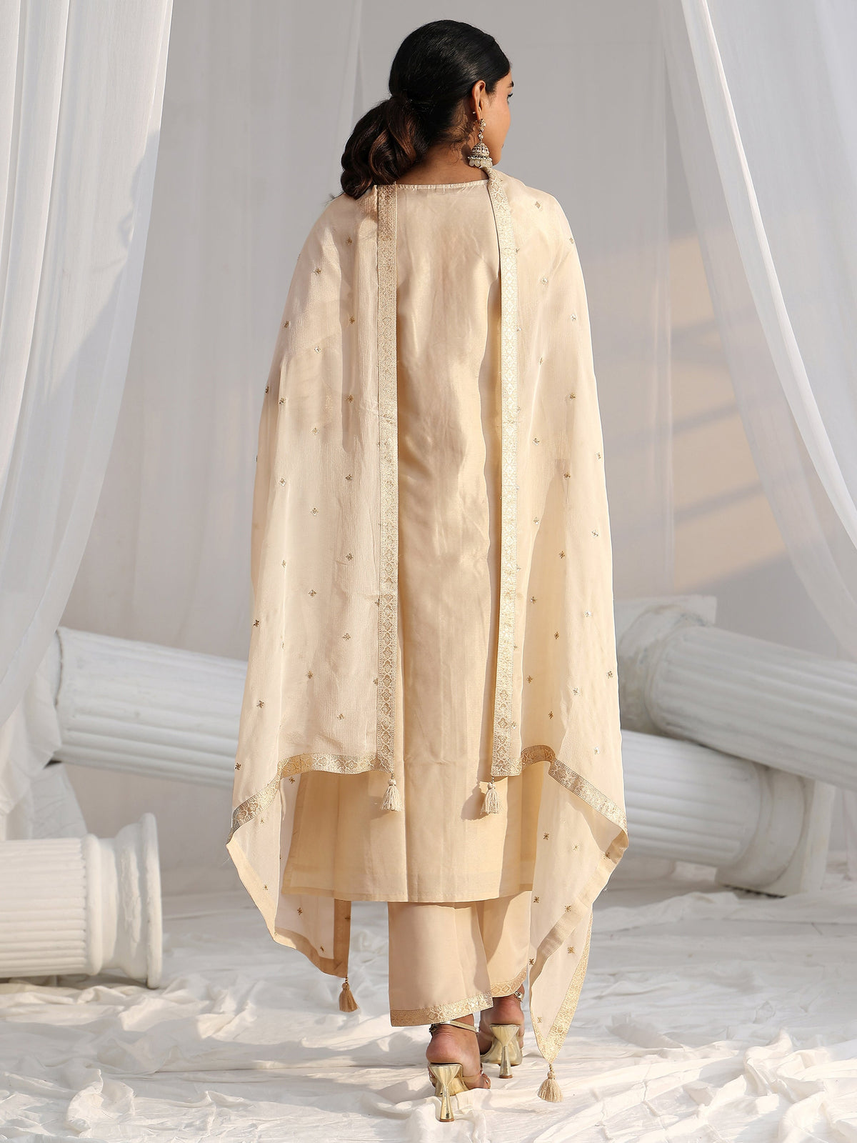 Anouk Cream Woven Design Front Slit Silk Blend Straight Suit Set