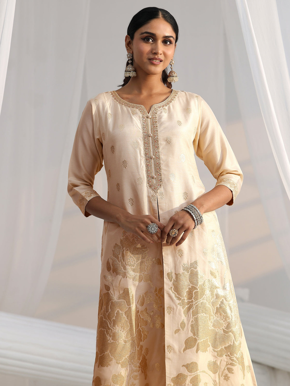Anouk Cream Woven Design Front Slit Silk Blend Straight Suit Set