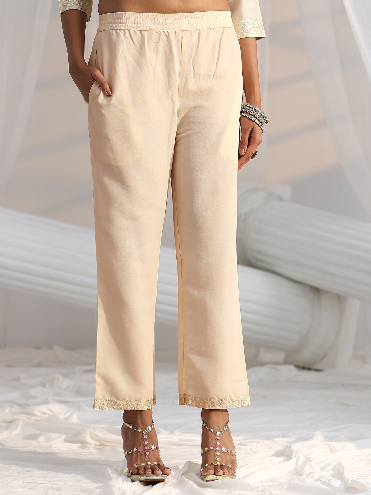 Anouk Cream Woven Design Front Slit Silk Blend Straight Suit Set