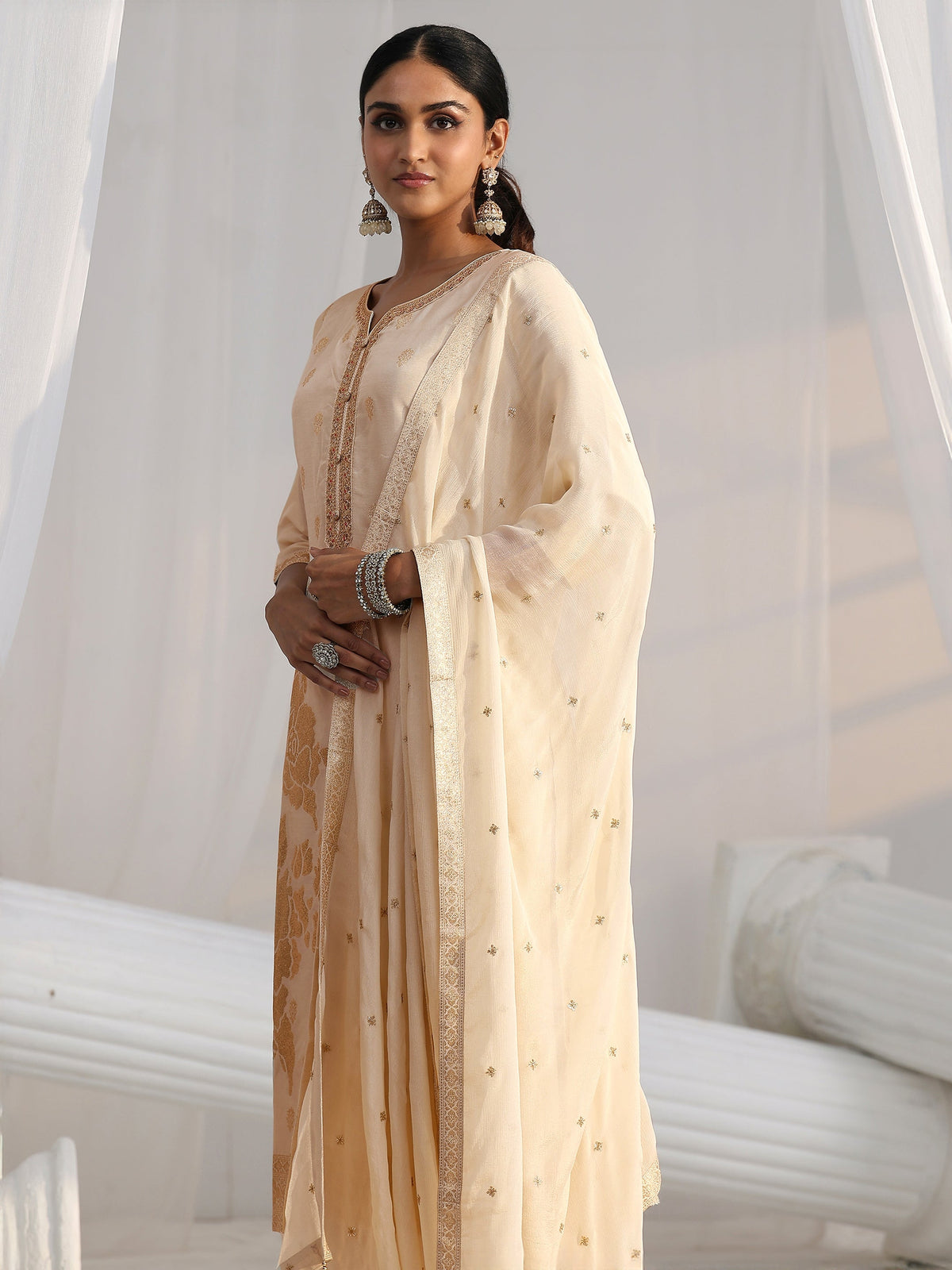 Anouk Cream Woven Design Front Slit Silk Blend Straight Suit Set