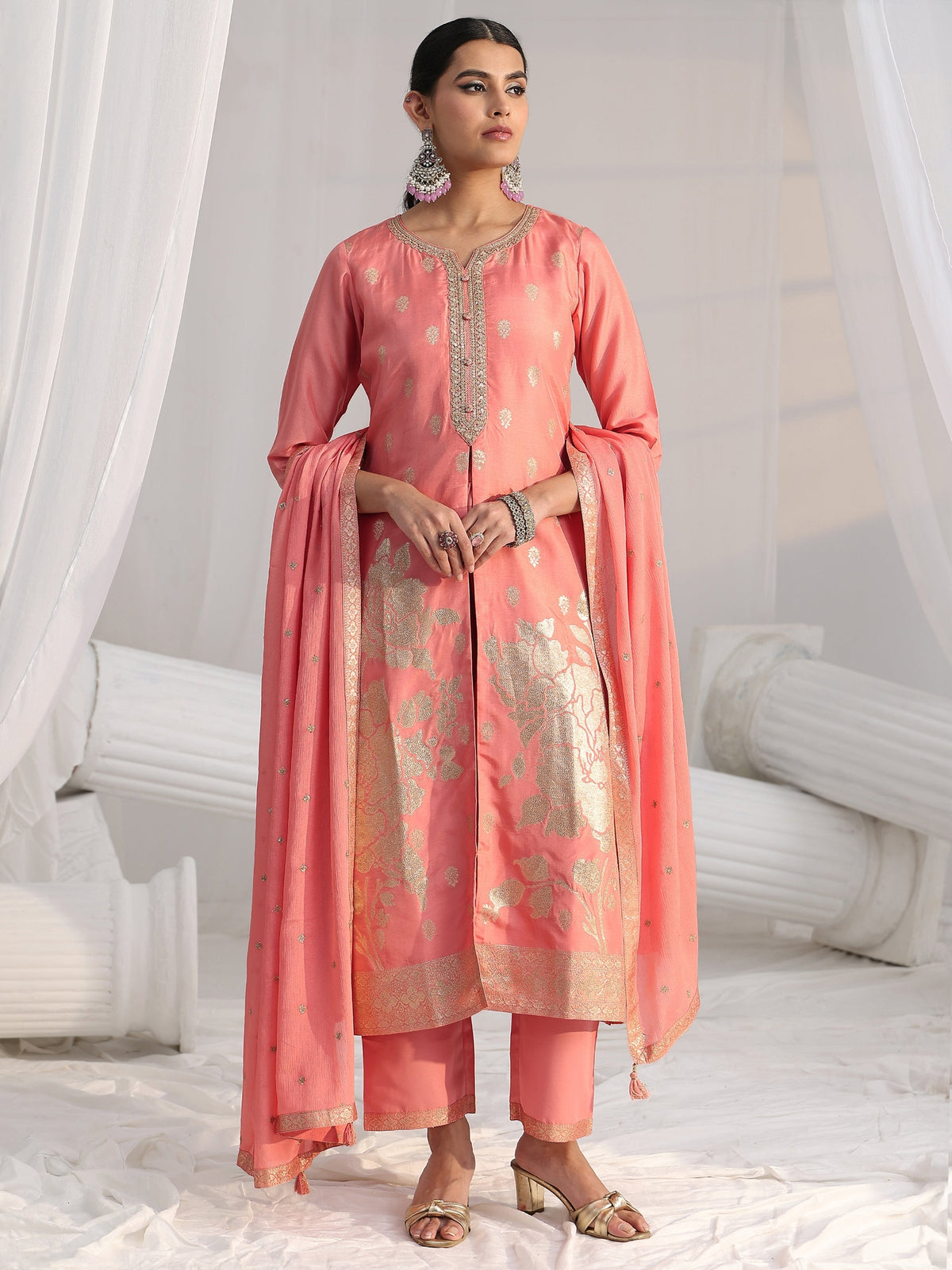 Anouk Peach Pink Woven Design Front Slit Silk Blend Straight Suit Set