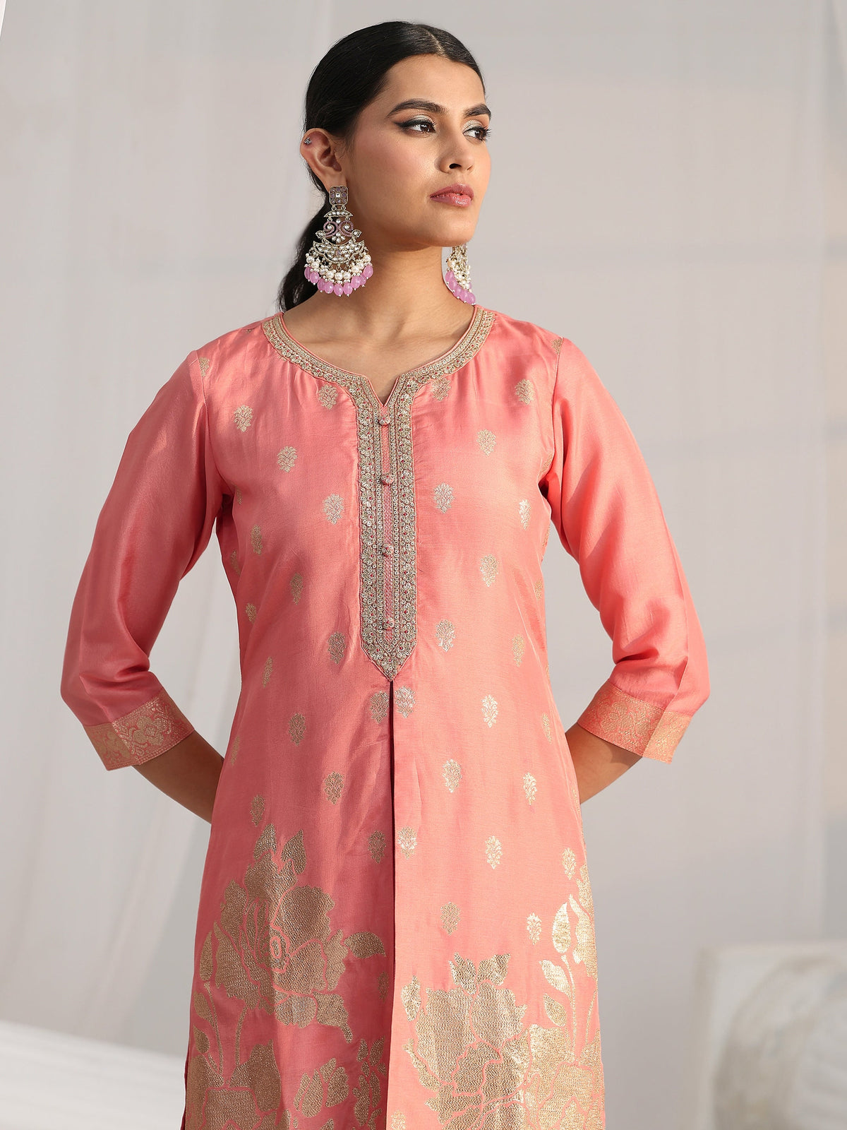 Anouk Peach Pink Woven Design Front Slit Silk Blend Straight Suit Set