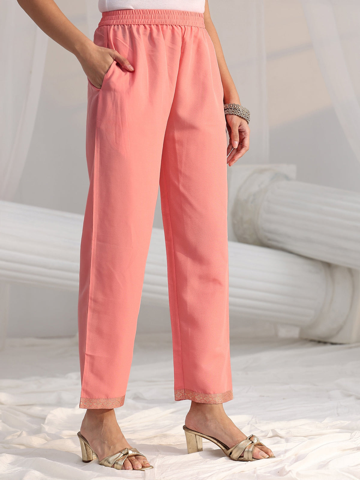Anouk Peach Pink Woven Design Front Slit Silk Blend Straight Suit Set