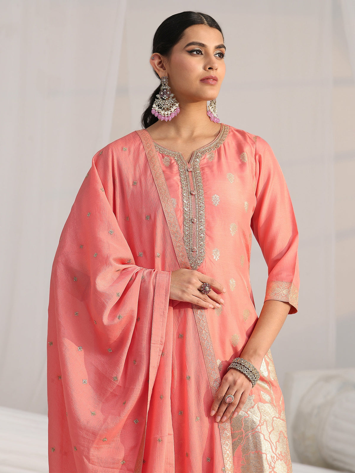 Anouk Peach Pink Woven Design Front Slit Silk Blend Straight Suit Set