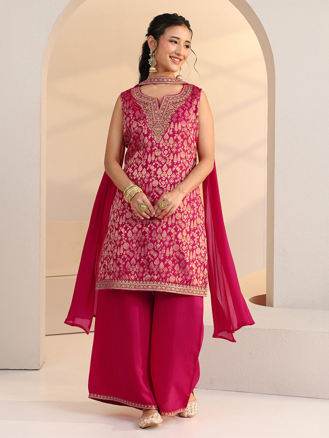 Anouk Rani Pink Woven Design Silk Blend Palazzo Suit Set