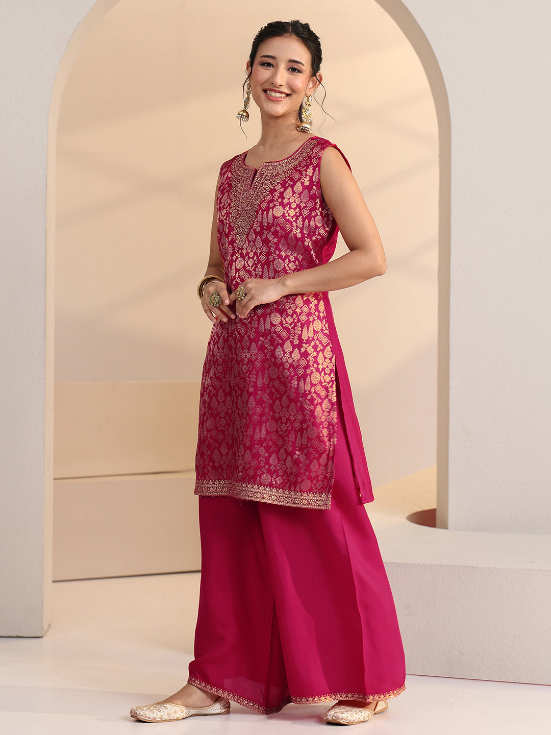 Anouk Rani Pink Woven Design Silk Blend Palazzo Suit Set