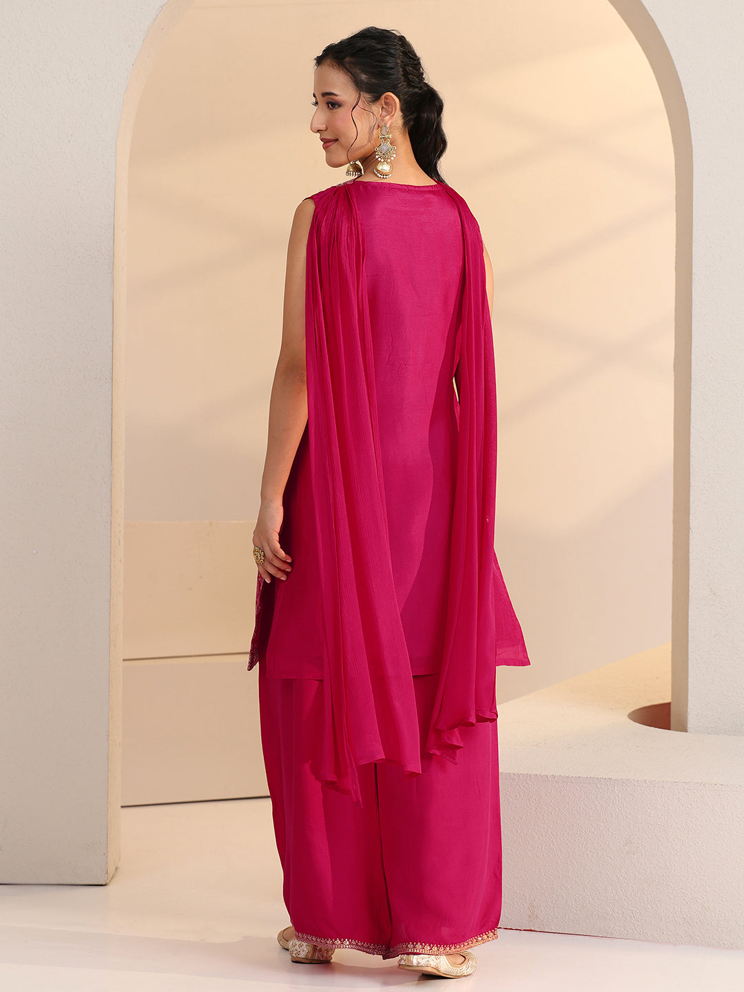 Anouk Rani Pink Woven Design Silk Blend Palazzo Suit Set