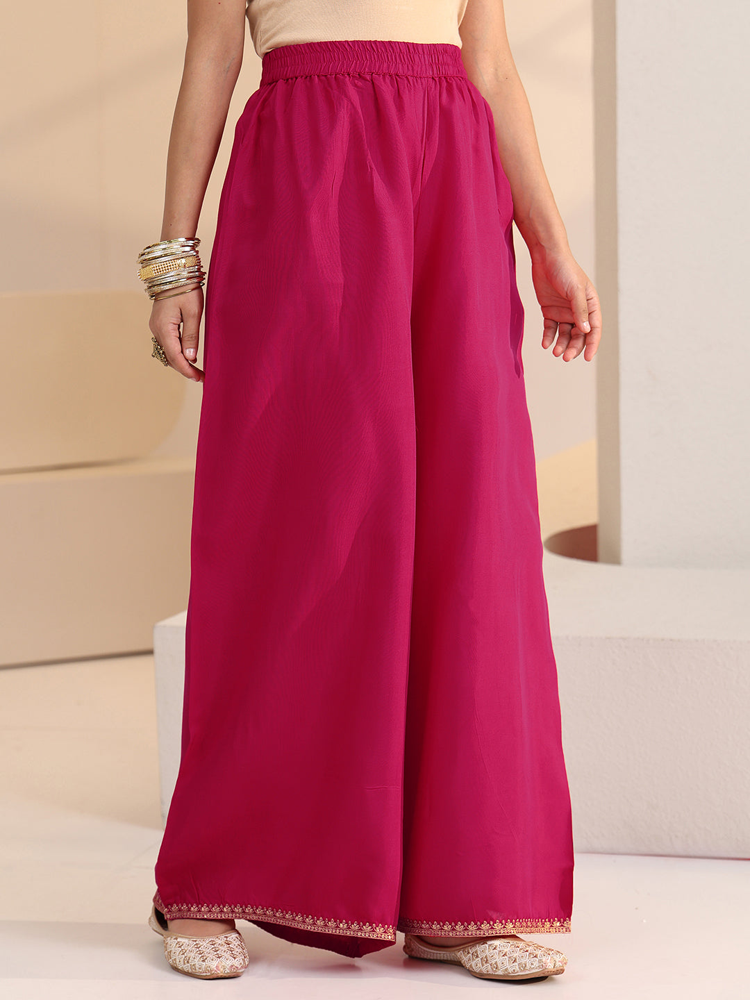 Anouk Rani Pink Woven Design Silk Blend Palazzo Suit Set