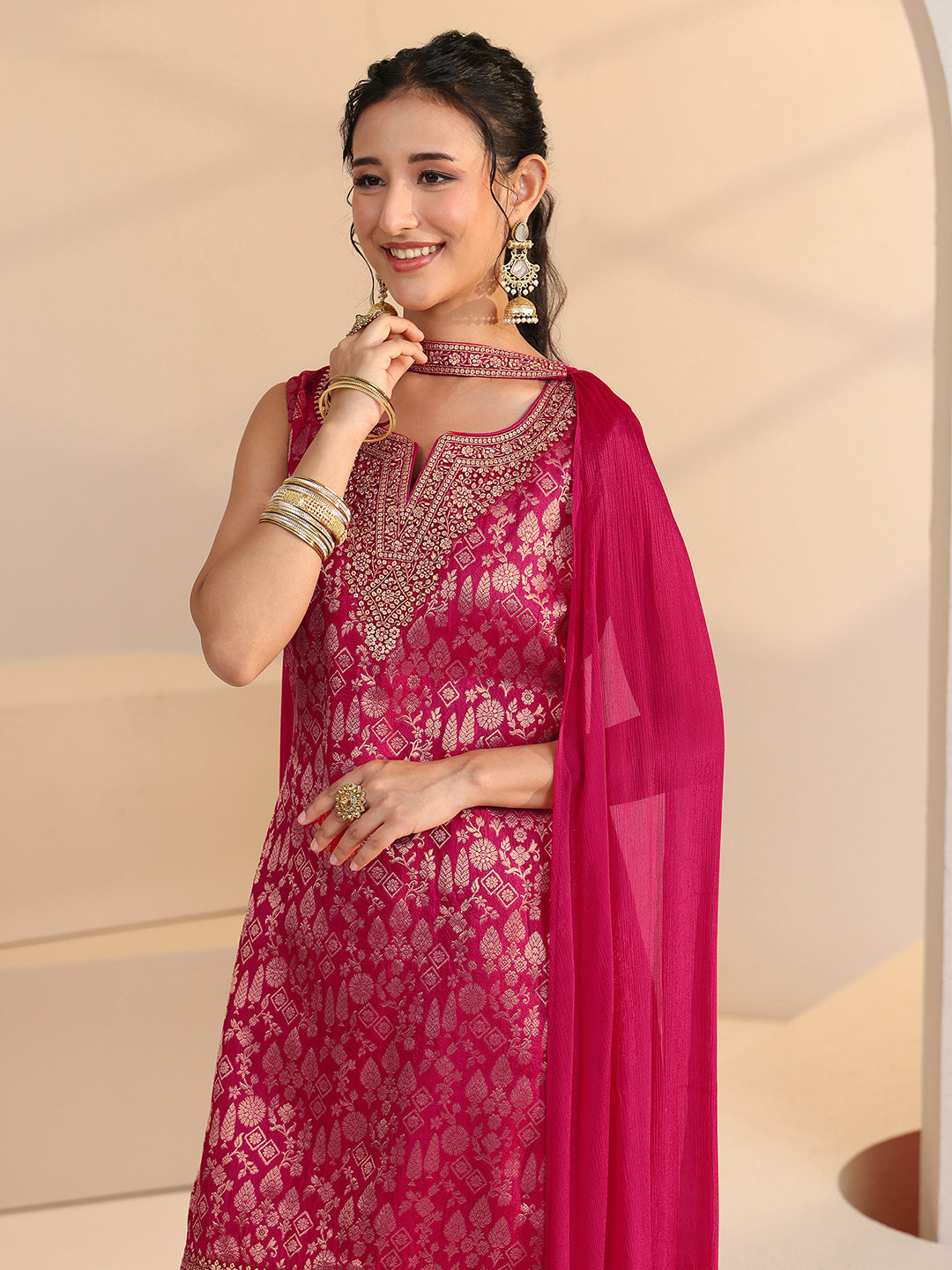 Anouk Rani Pink Woven Design Silk Blend Palazzo Suit Set