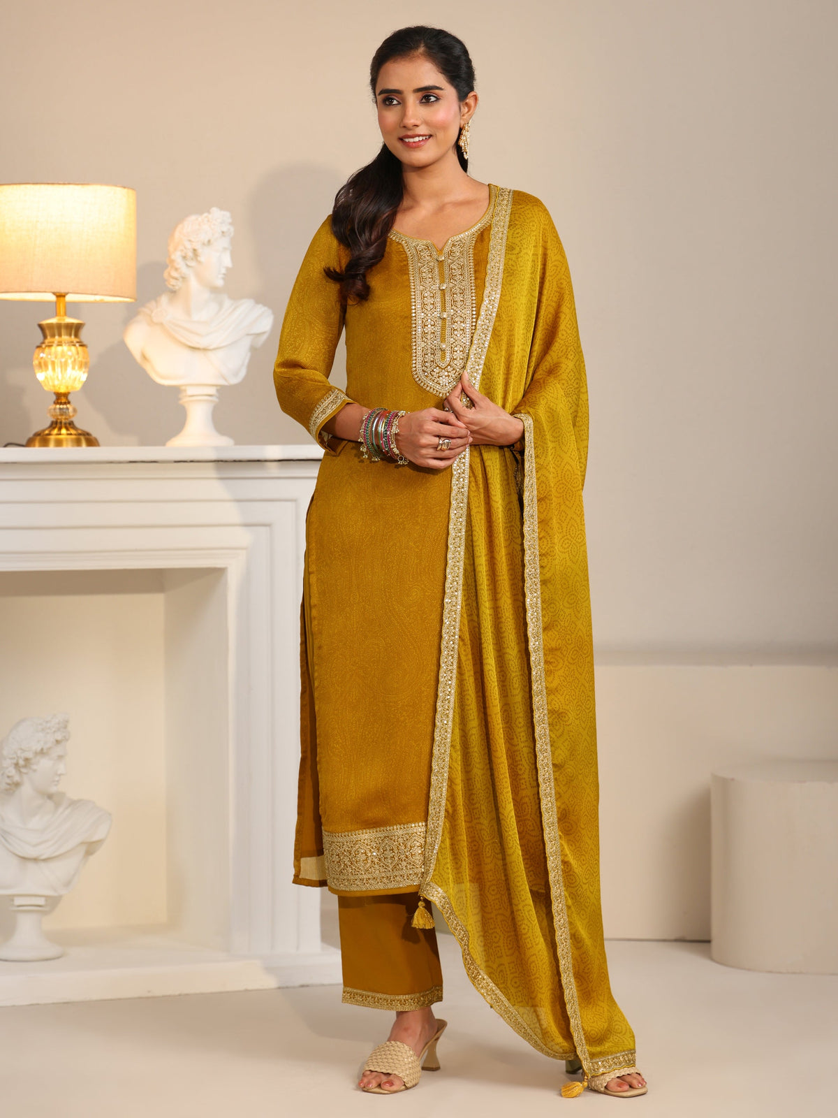 Anouk Mustard Floral Embellished Chinon Straight Suit Set