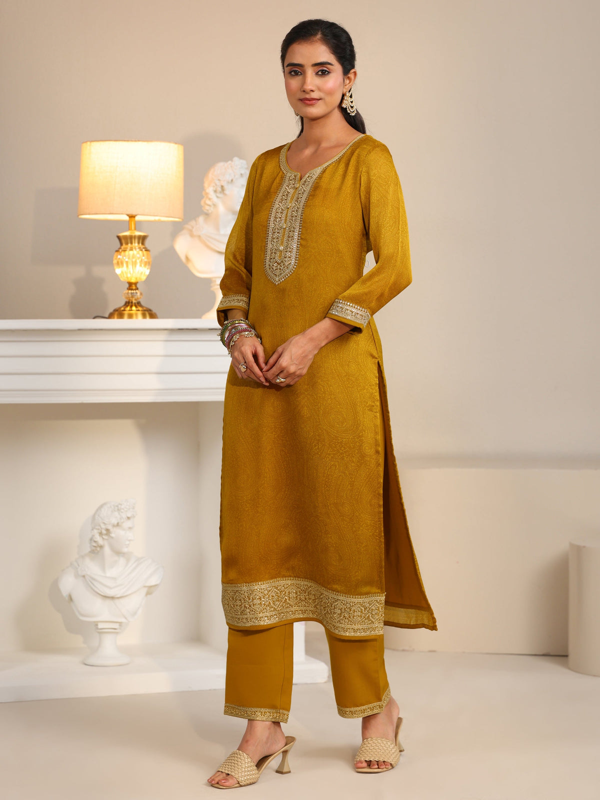 Anouk Mustard Floral Embellished Chinon Straight Suit Set