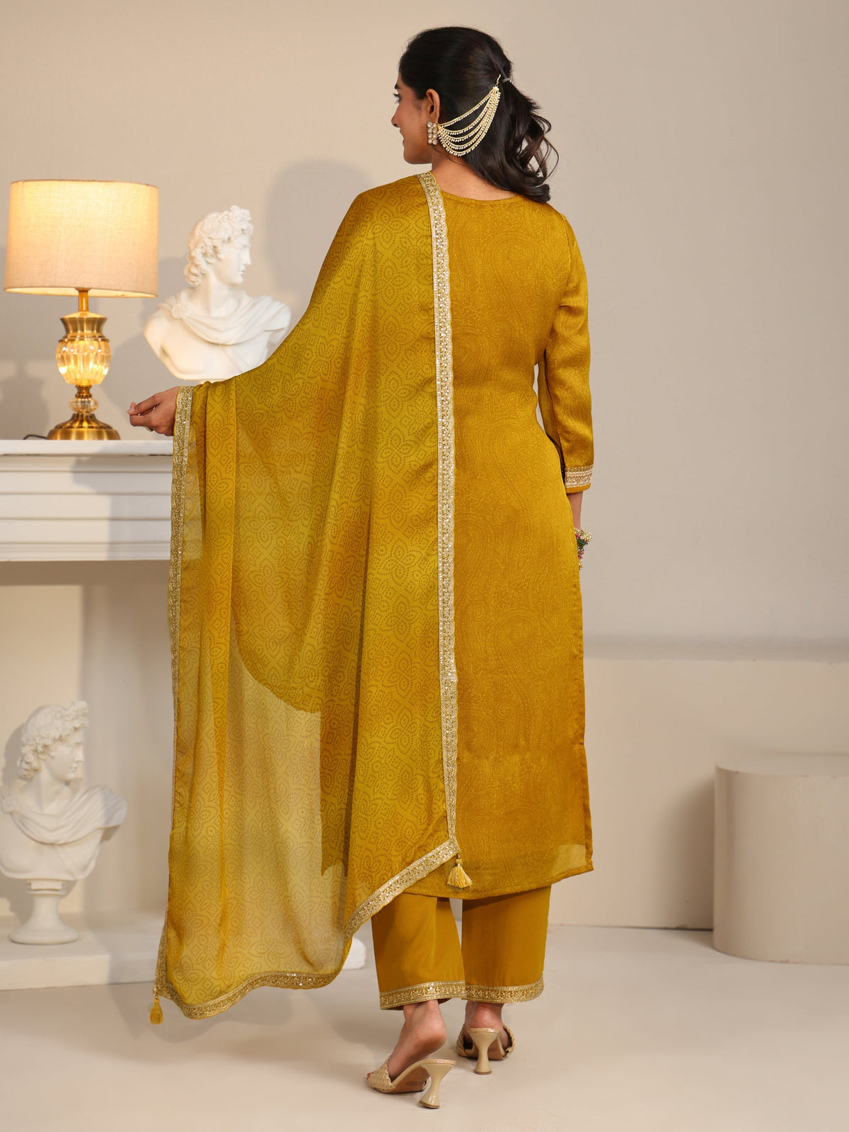 Anouk Mustard Floral Embellished Chinon Straight Suit Set