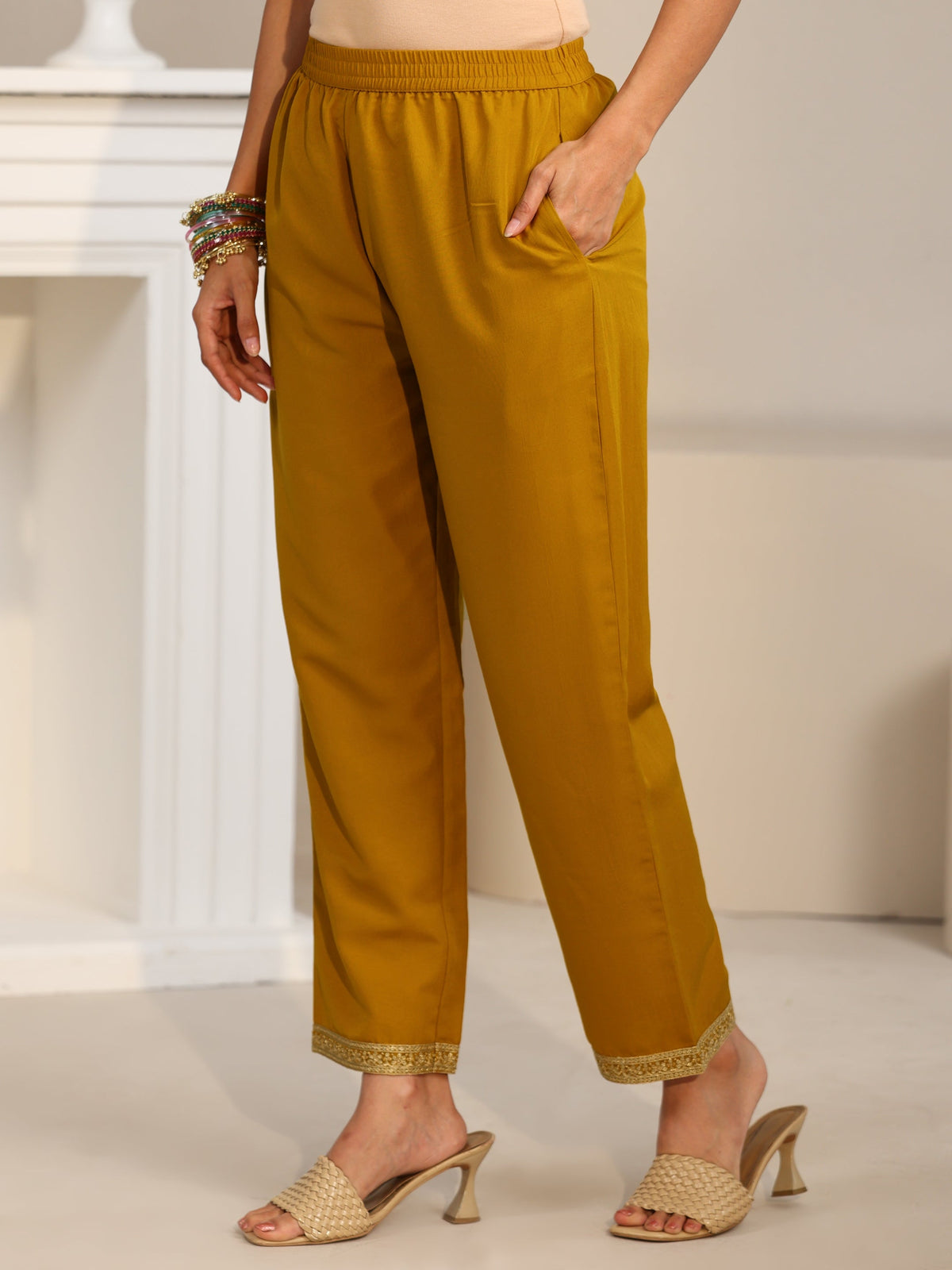 Anouk Mustard Floral Embellished Chinon Straight Suit Set