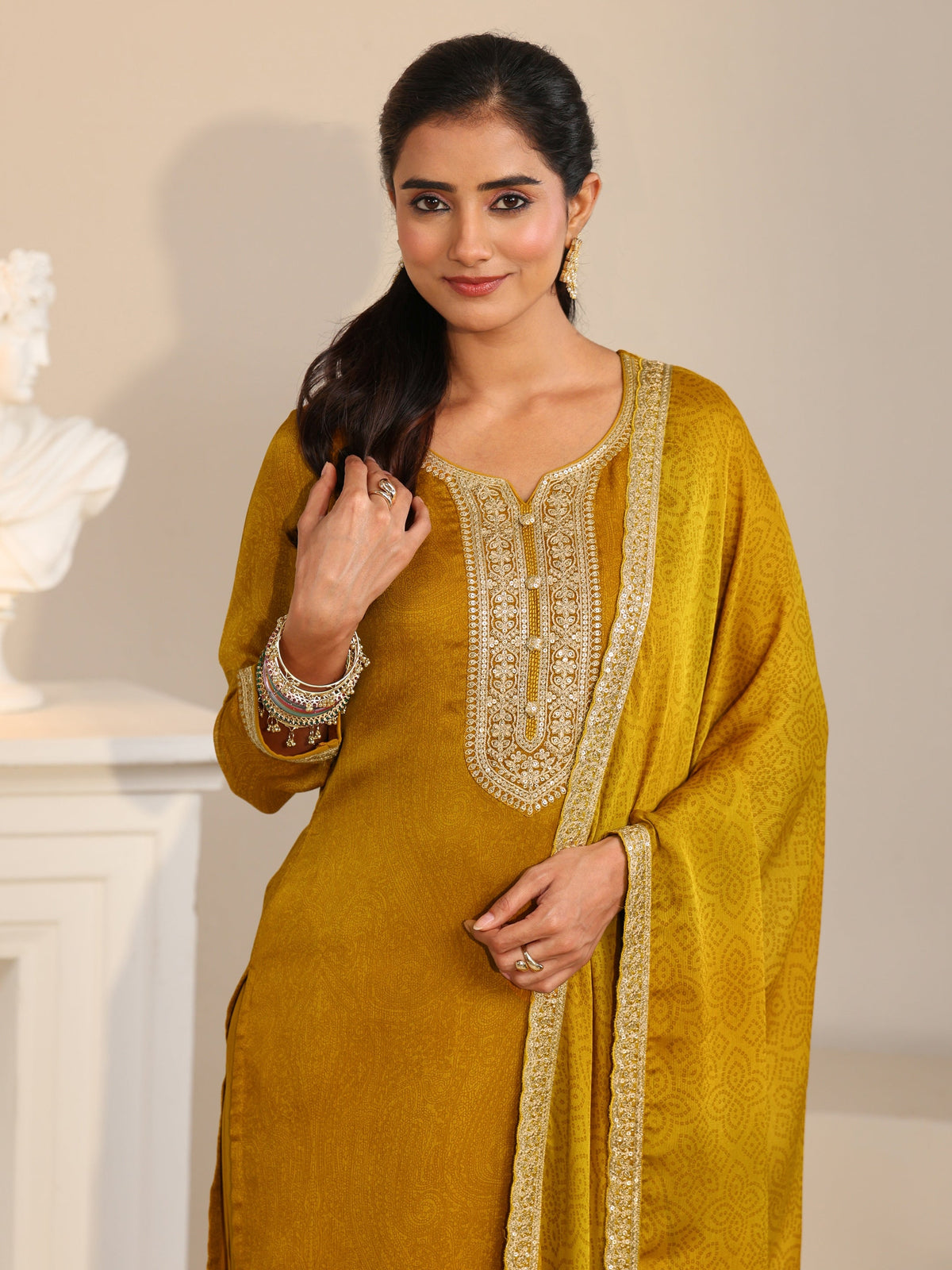 Anouk Mustard Floral Embellished Chinon Straight Suit Set