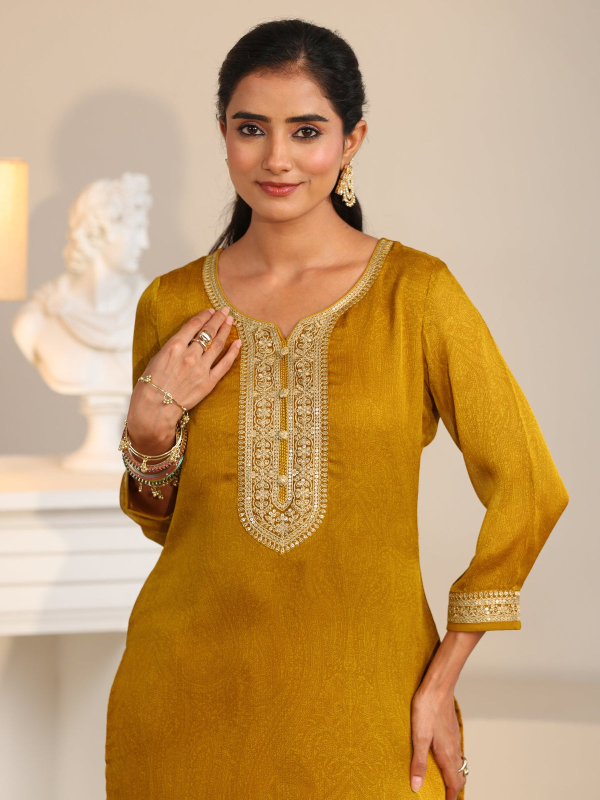 Anouk Mustard Floral Embellished Chinon Straight Suit Set