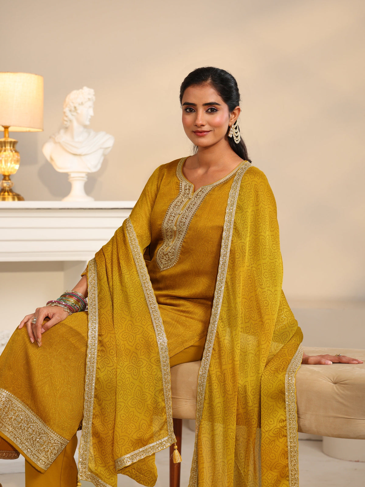 Anouk Mustard Floral Embellished Chinon Straight Suit Set