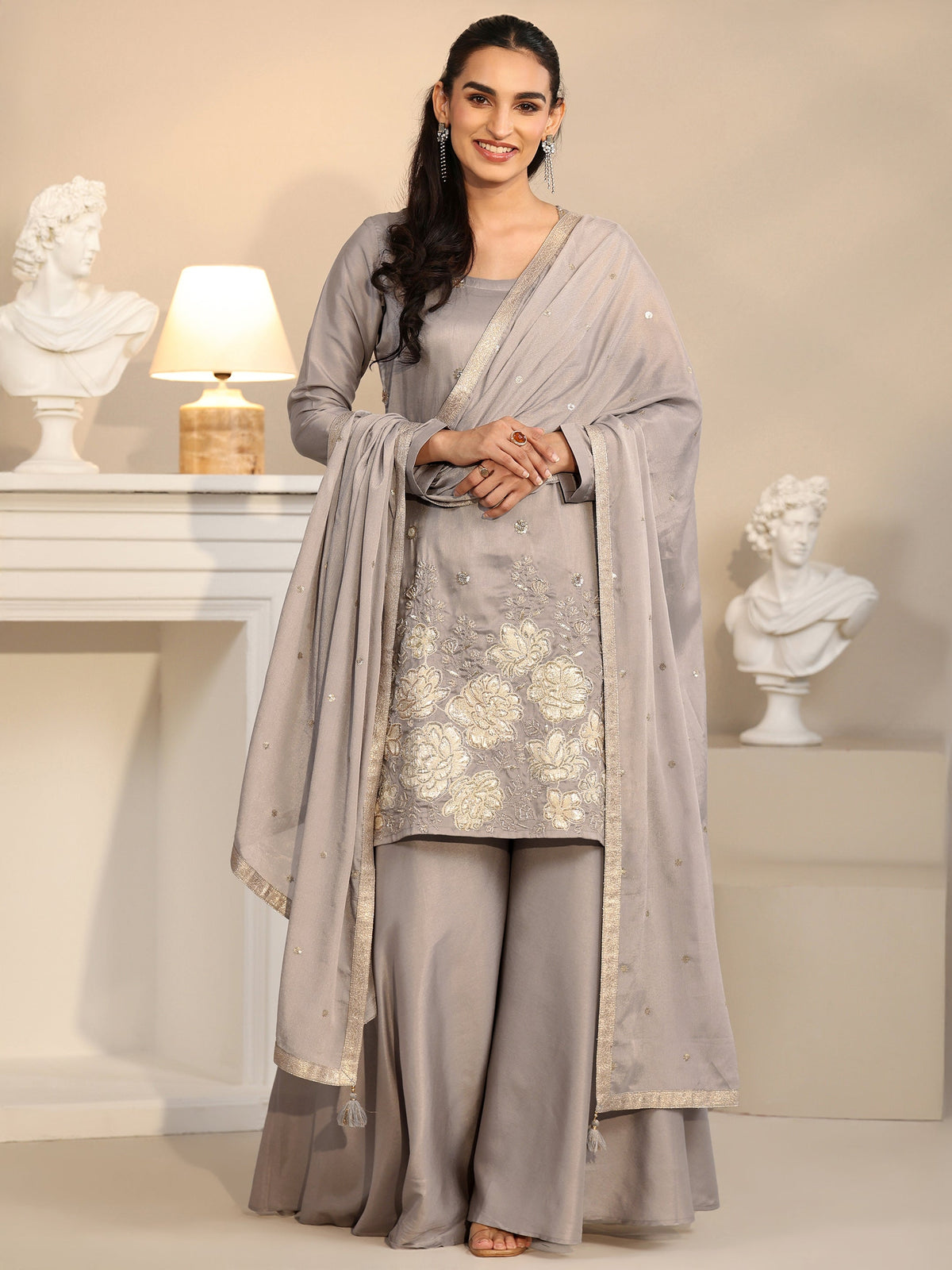 Anouk Slate Grey Floral Embellished Silk Blend Palazzo Suit Set