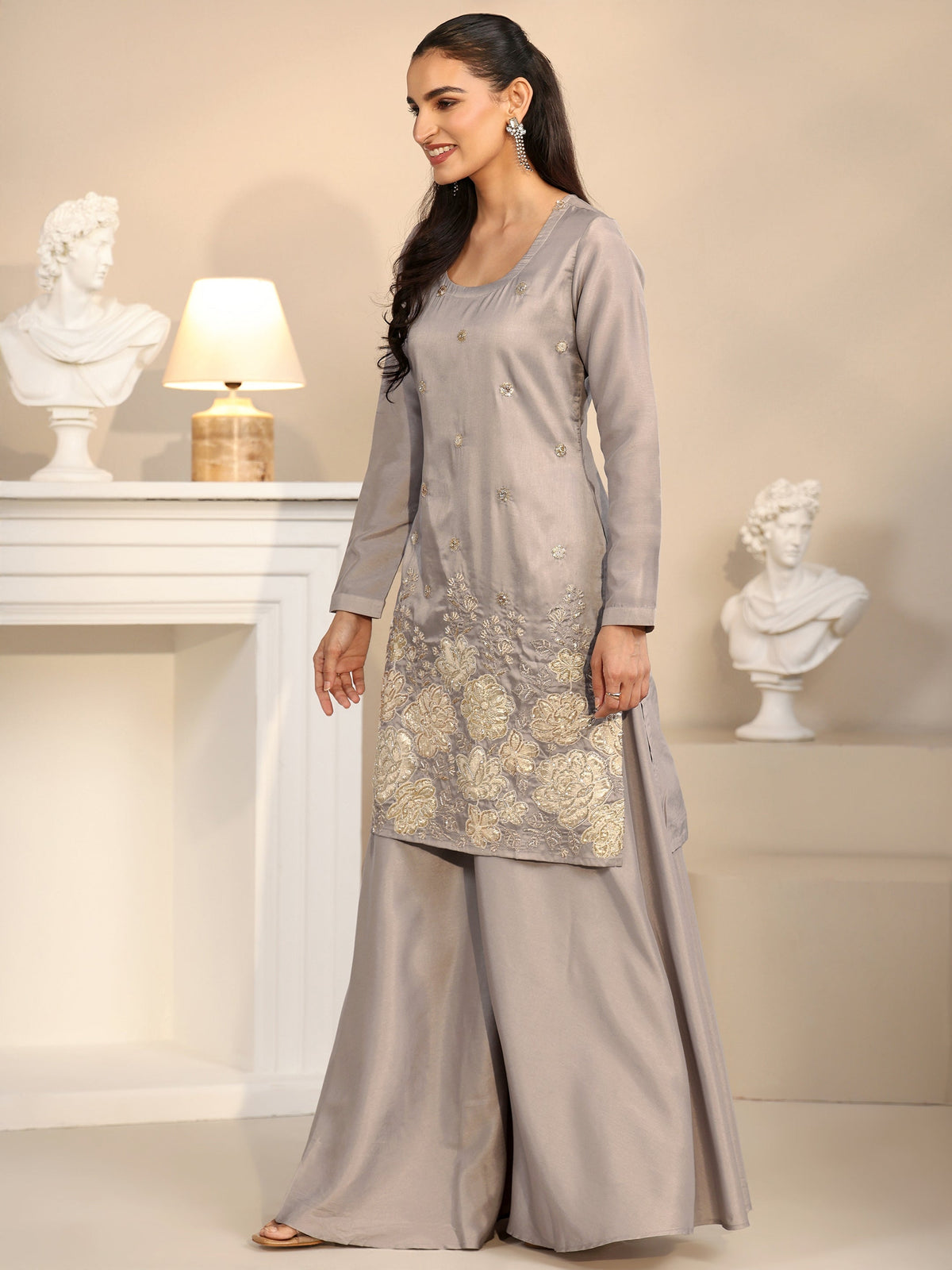 Anouk Slate Grey Floral Embellished Silk Blend Palazzo Suit Set