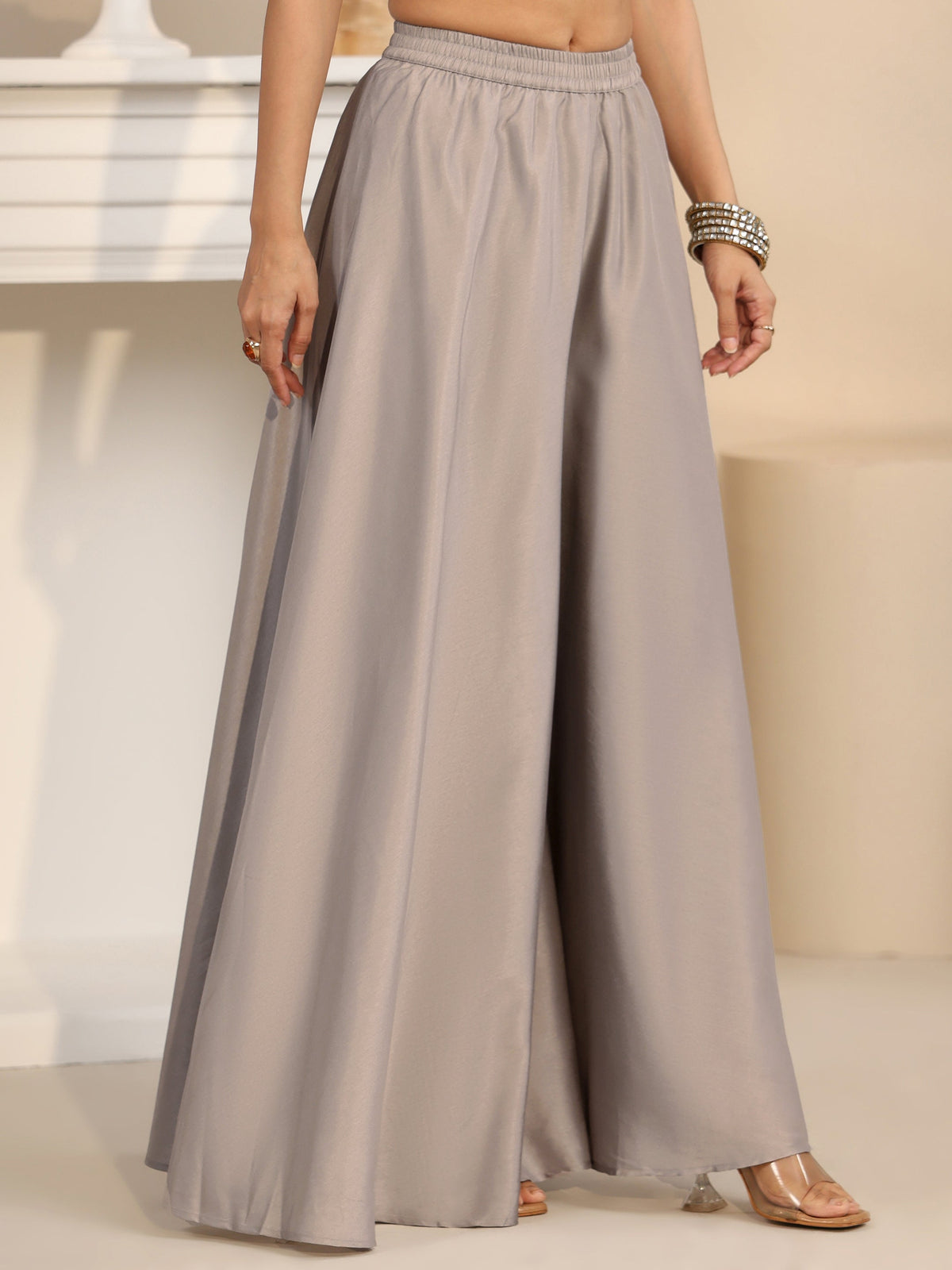 Anouk Slate Grey Floral Embellished Silk Blend Palazzo Suit Set