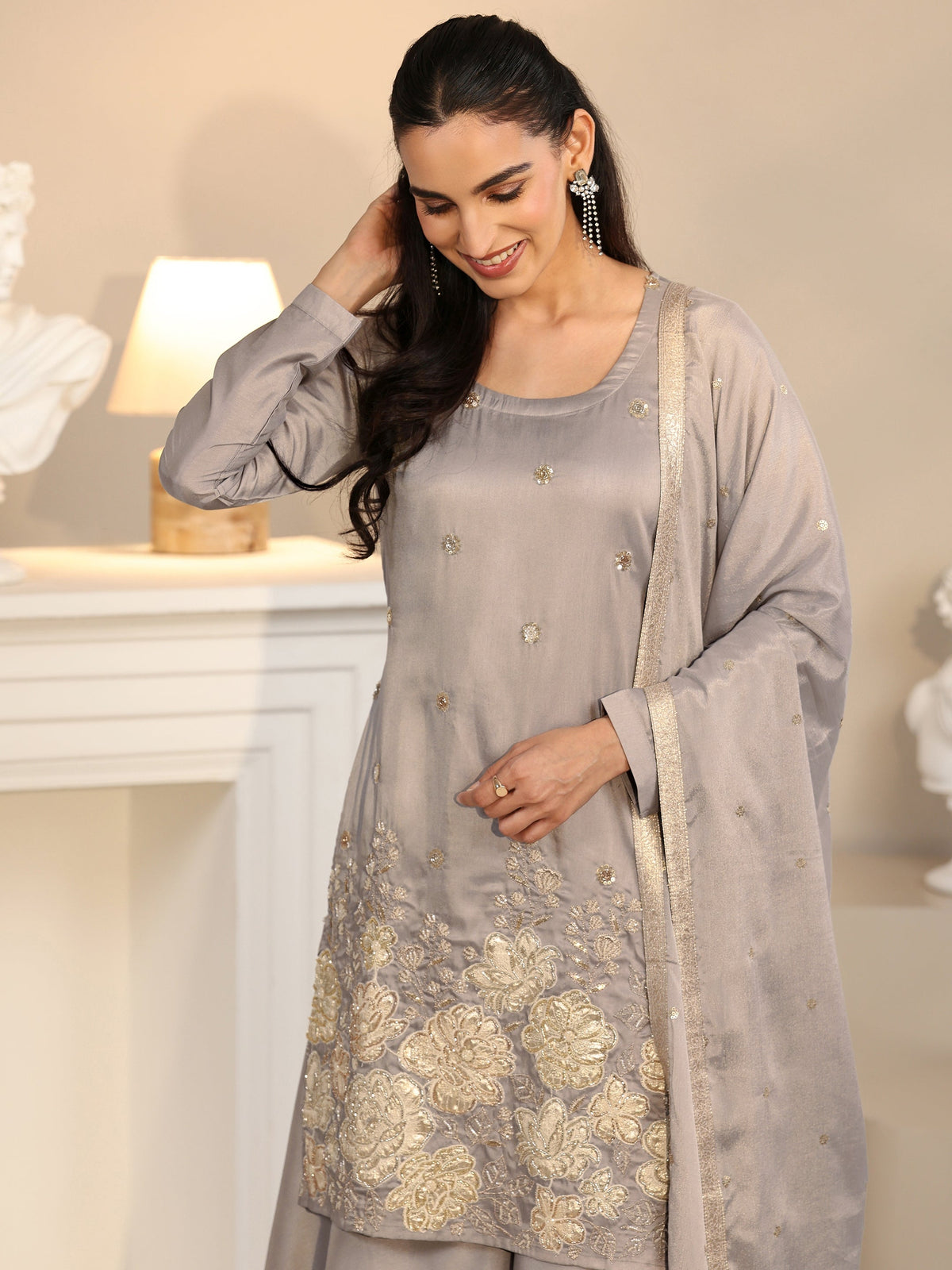 Anouk Slate Grey Floral Embellished Silk Blend Palazzo Suit Set