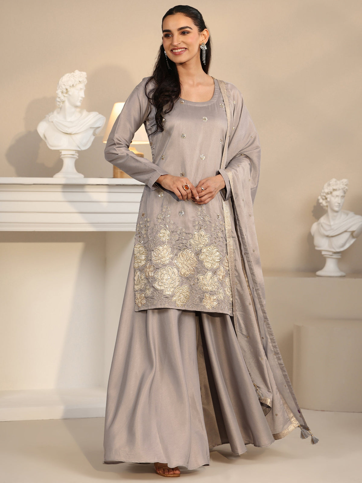 Anouk Slate Grey Floral Embellished Silk Blend Palazzo Suit Set