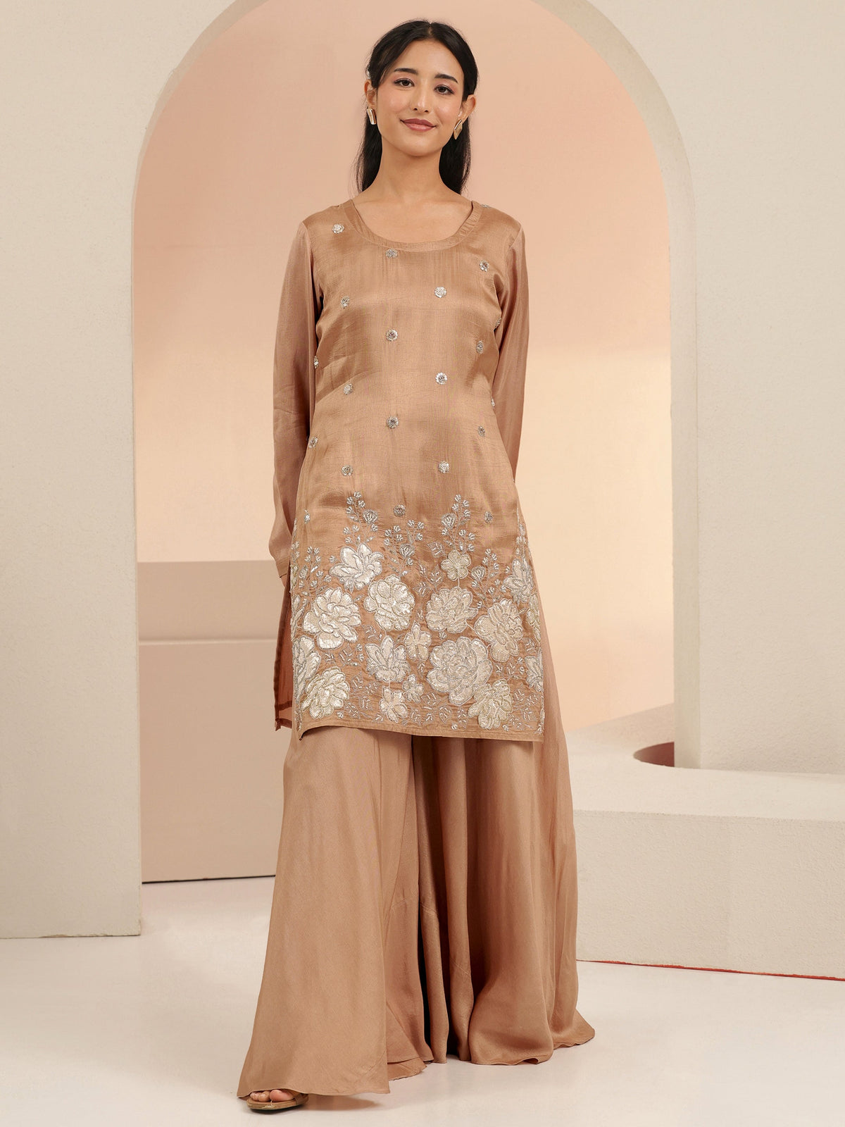 Anouk Coffee Brown Floral Applique Silk Blend Straight Kurta Set