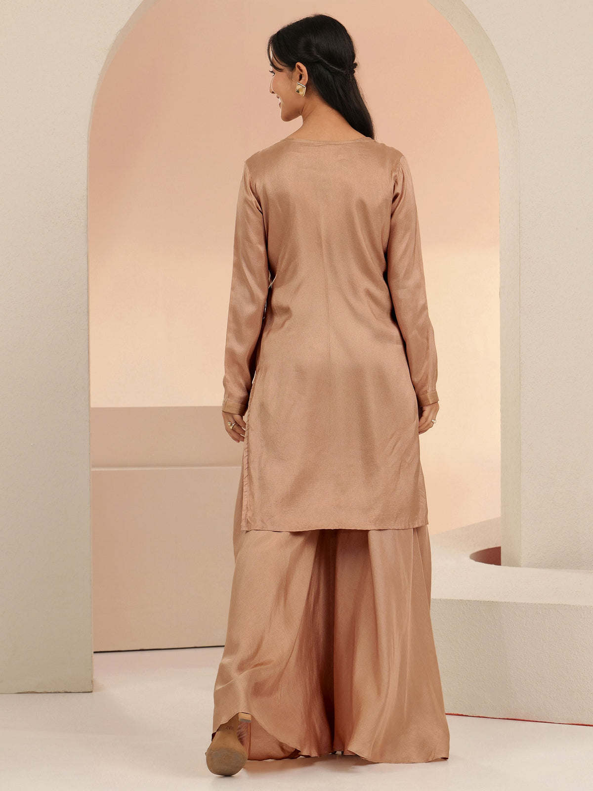 Anouk Coffee Brown Floral Applique Silk Blend Straight Kurta Set