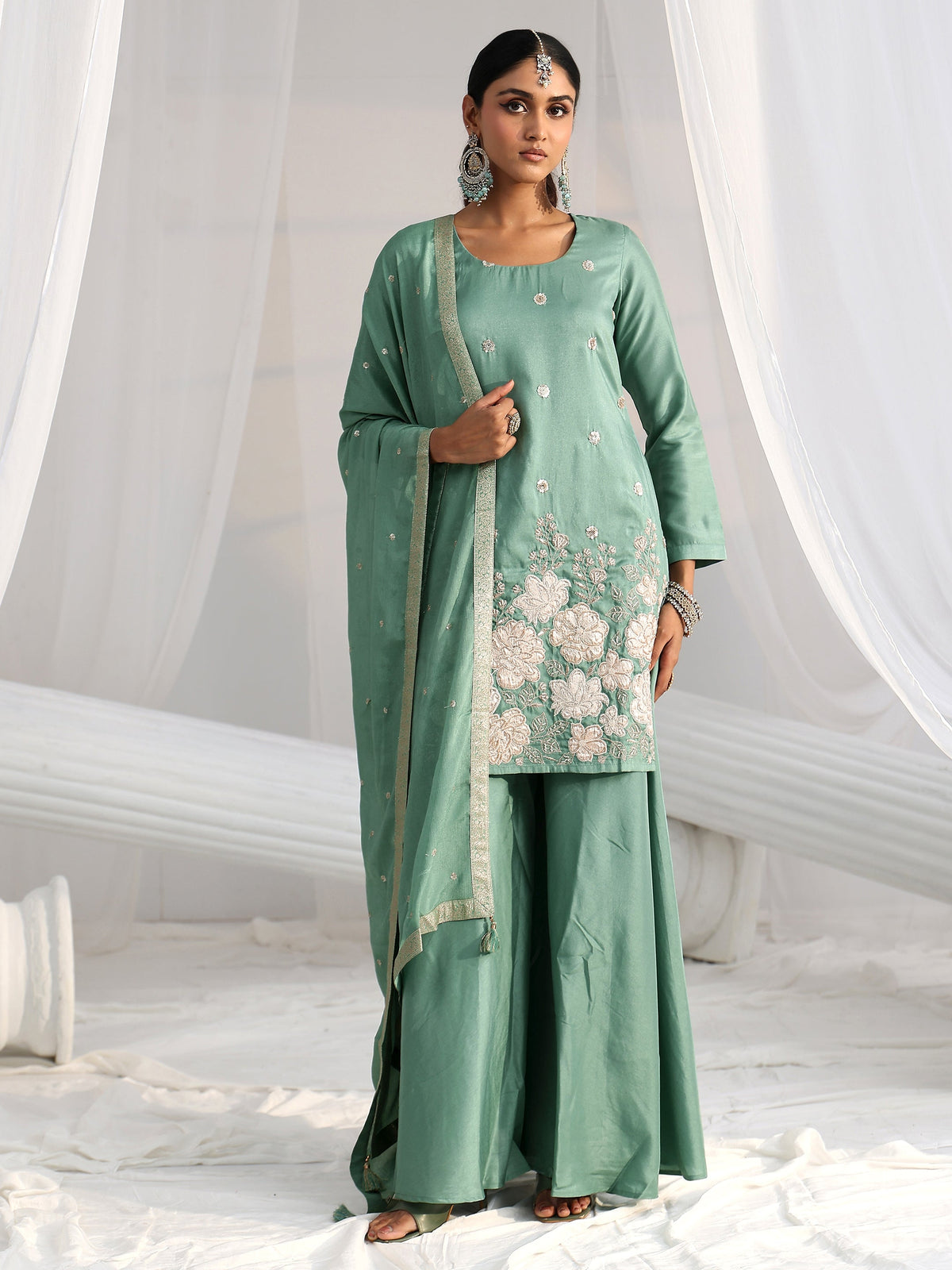 Anouk Dusty Sea Green Floral Embellished Silk Blend Palazzo Suit Set