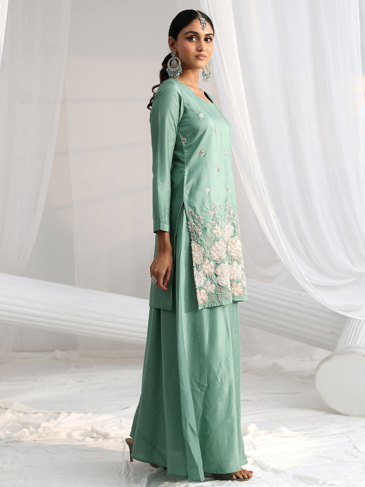 Anouk Dusty Sea Green Floral Embellished Silk Blend Palazzo Suit Set