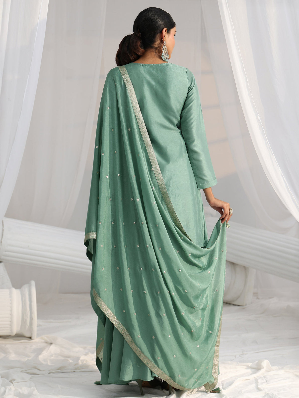 Anouk Dusty Sea Green Floral Embellished Silk Blend Palazzo Suit Set
