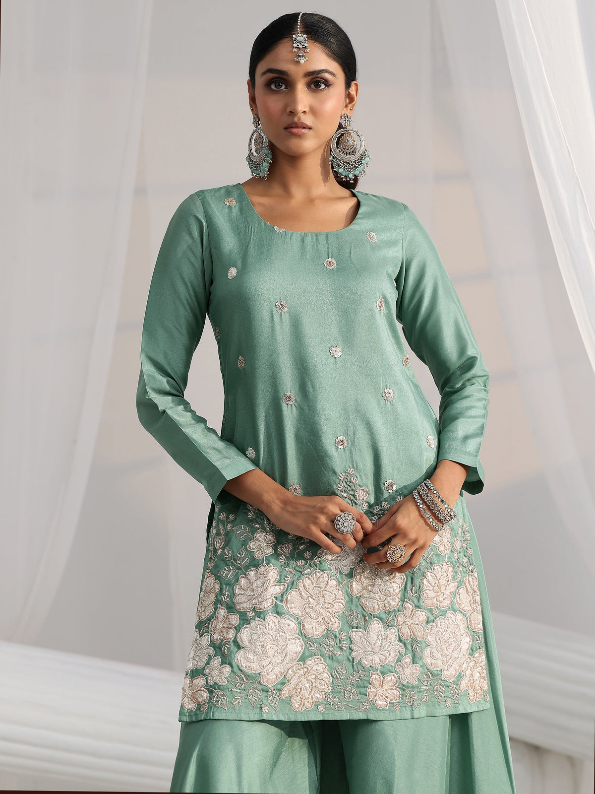 Anouk Dusty Sea Green Floral Embellished Silk Blend Palazzo Suit Set