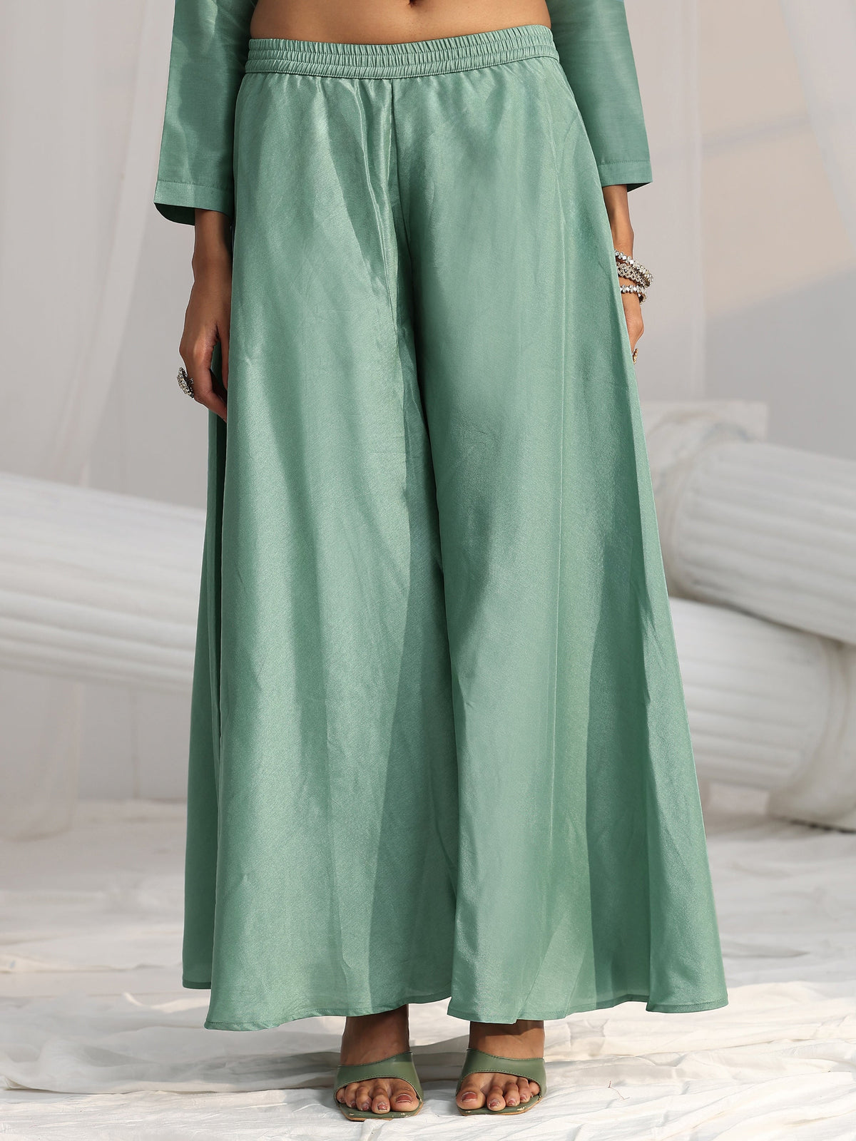 Anouk Dusty Sea Green Floral Embellished Silk Blend Palazzo Suit Set