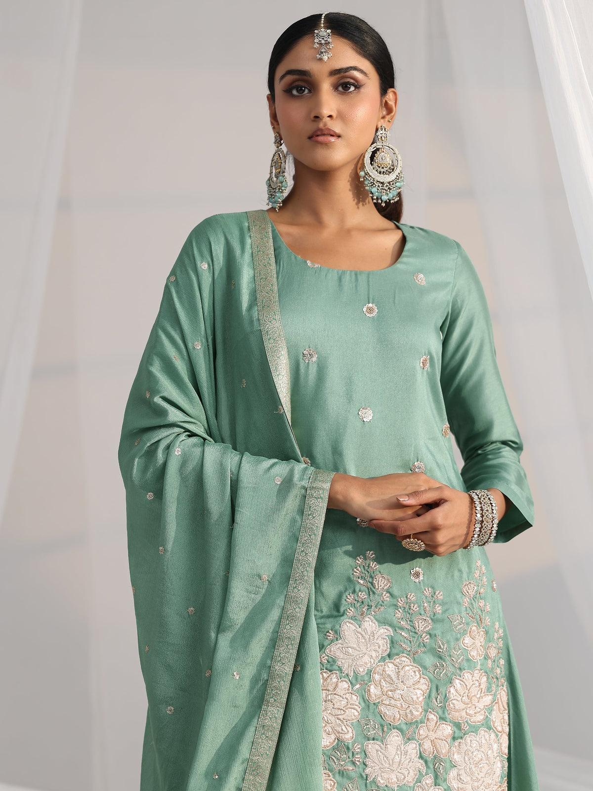 Anouk Dusty Sea Green Floral Embellished Silk Blend Palazzo Suit Set