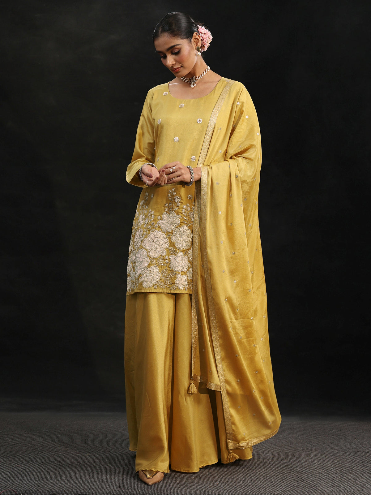 Anouk Mustard Floral Embellished Silk Blend Palazzo Suit Set