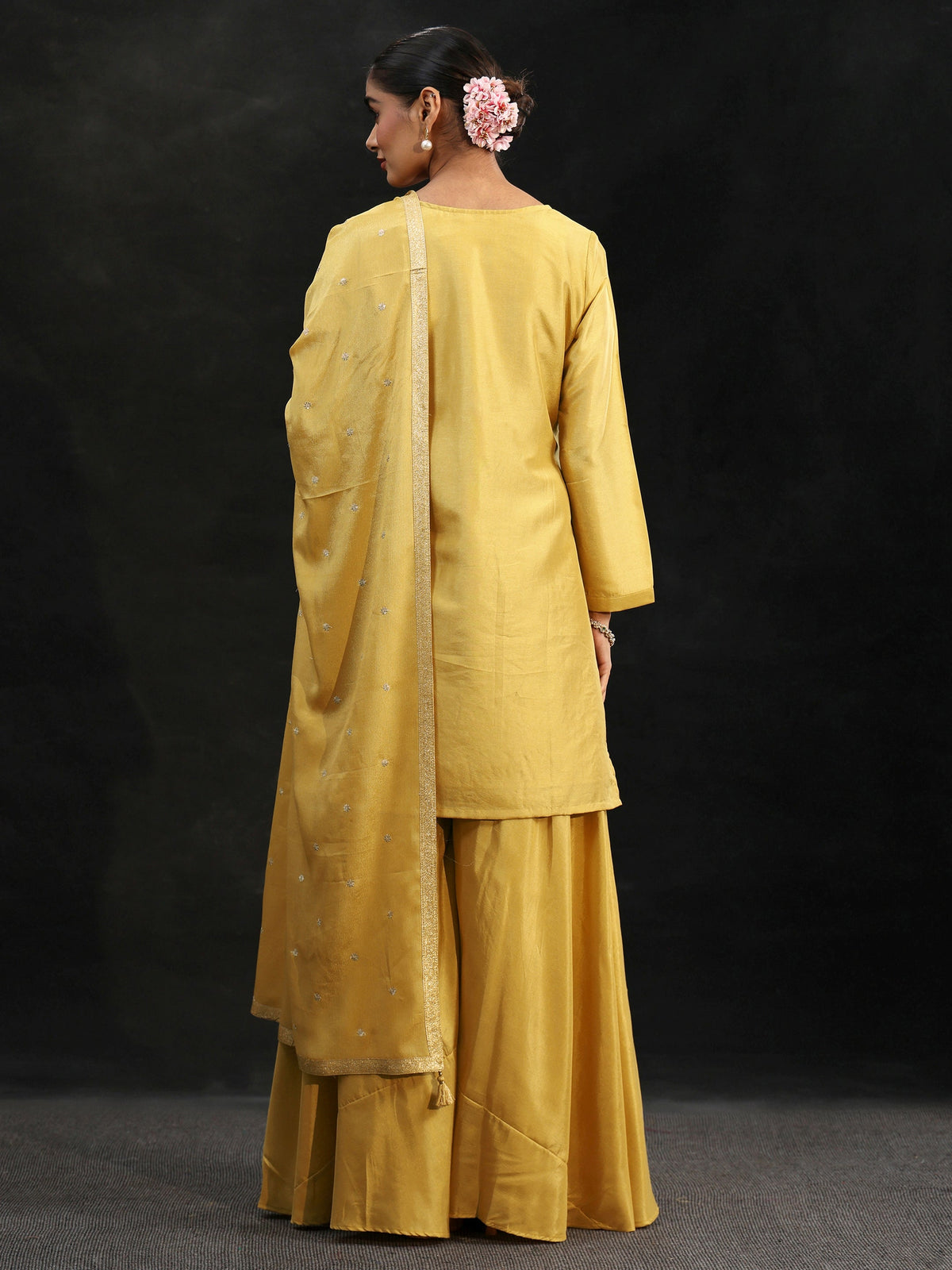 Anouk Mustard Floral Embellished Silk Blend Palazzo Suit Set