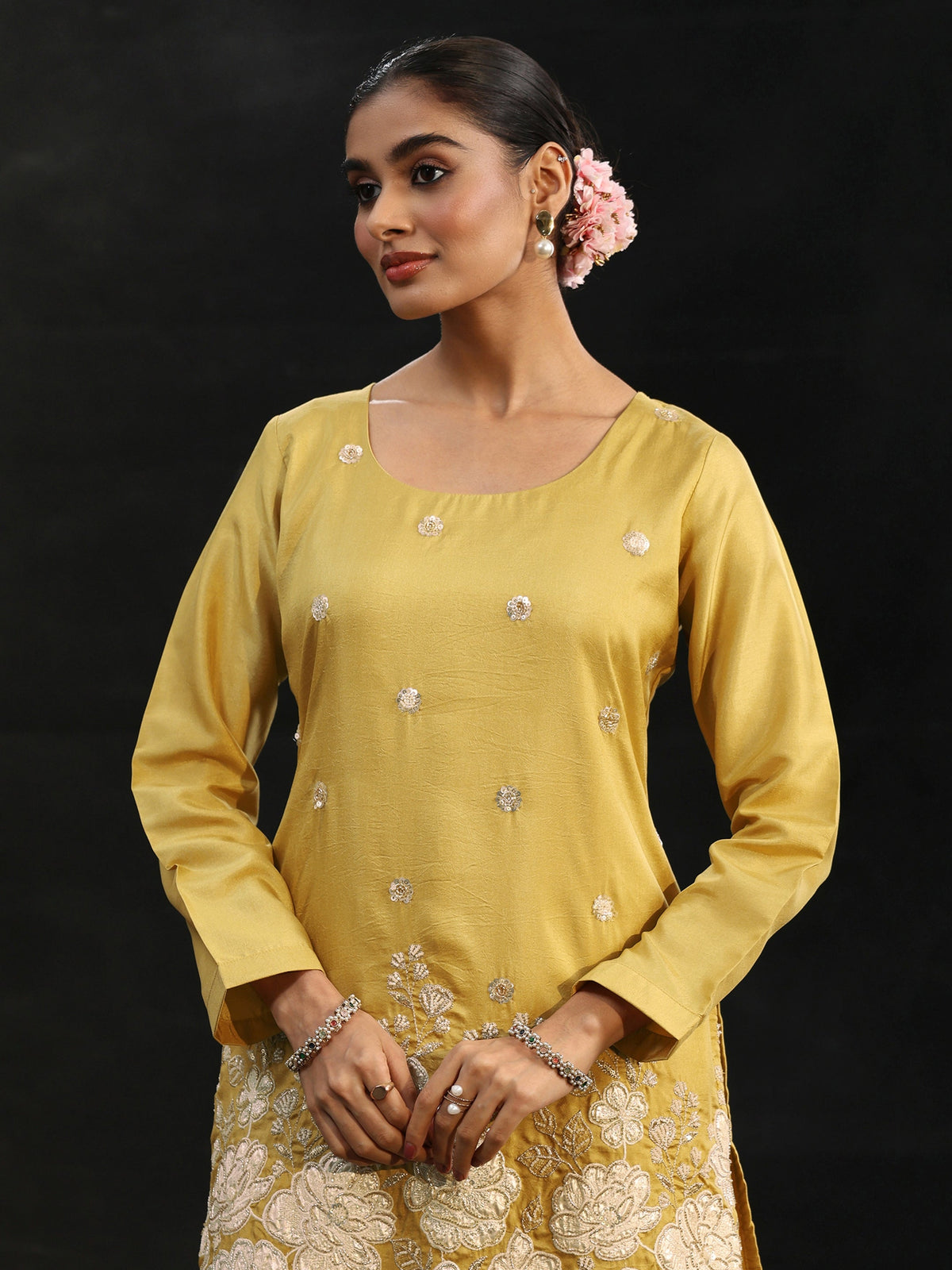 Anouk Mustard Floral Embellished Silk Blend Palazzo Suit Set