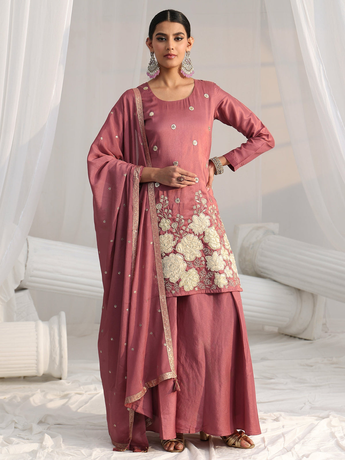 Anouk Mauve Pink Floral Embellished Silk Blend Palazzo Suit Set