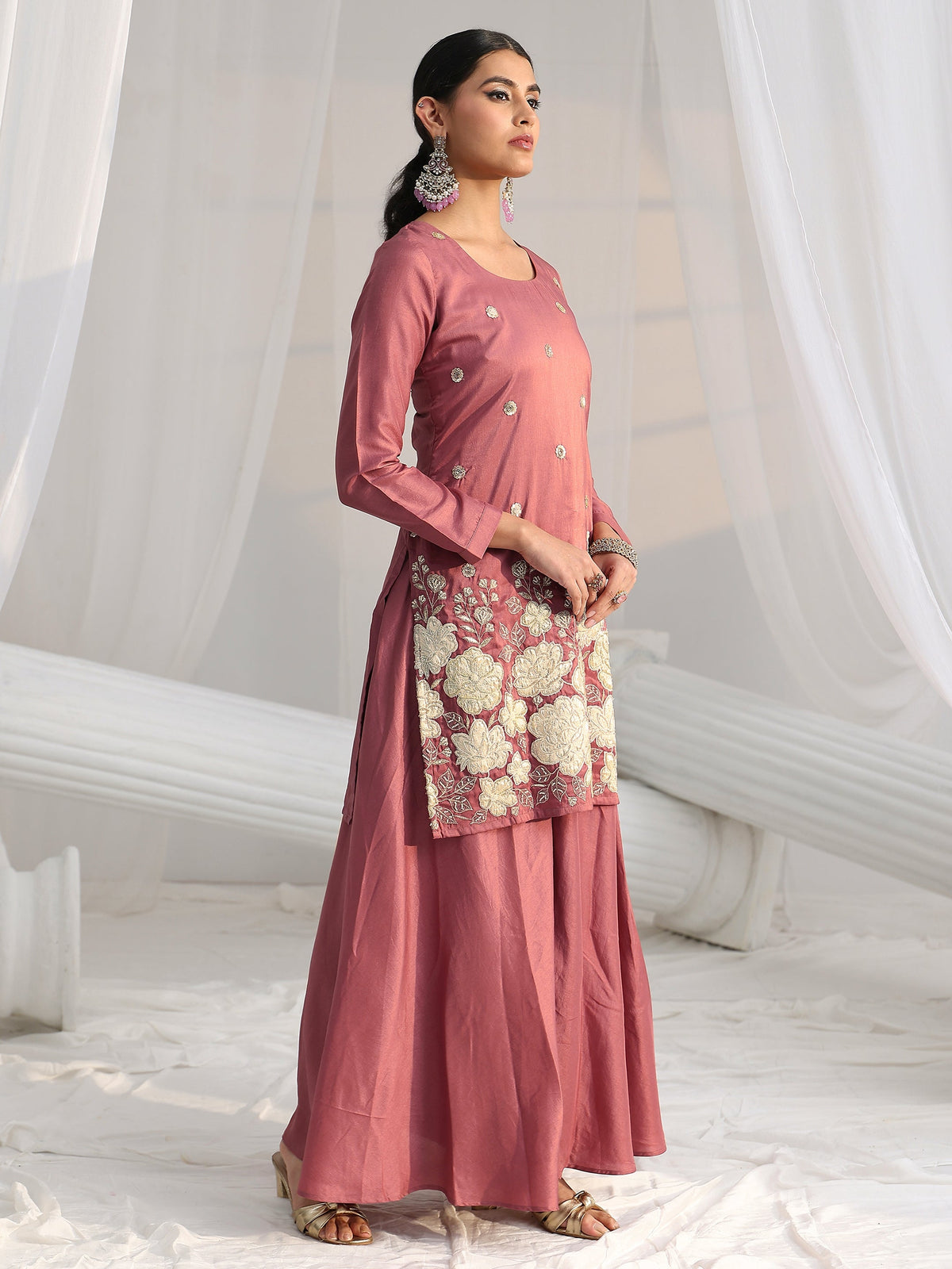 Anouk Mauve Pink Floral Embellished Silk Blend Palazzo Suit Set