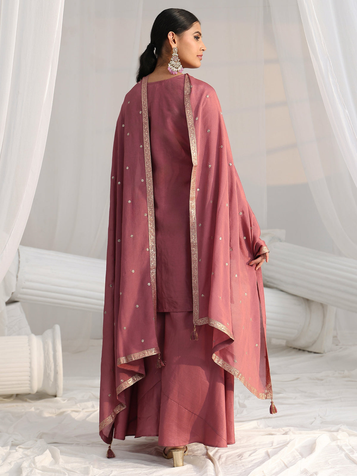 Anouk Mauve Pink Floral Embellished Silk Blend Palazzo Suit Set